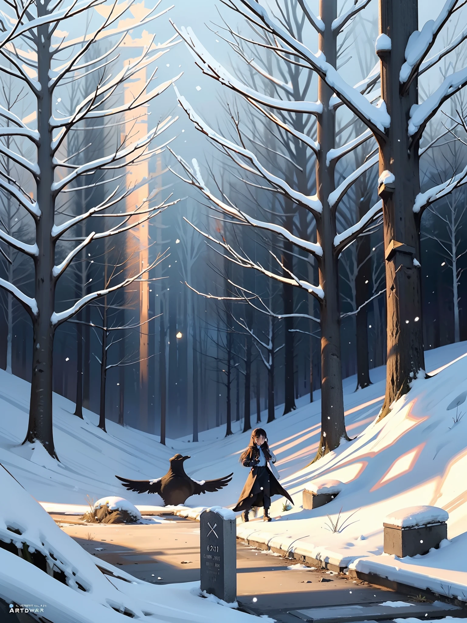 snowfield,grave stones,Cool girl