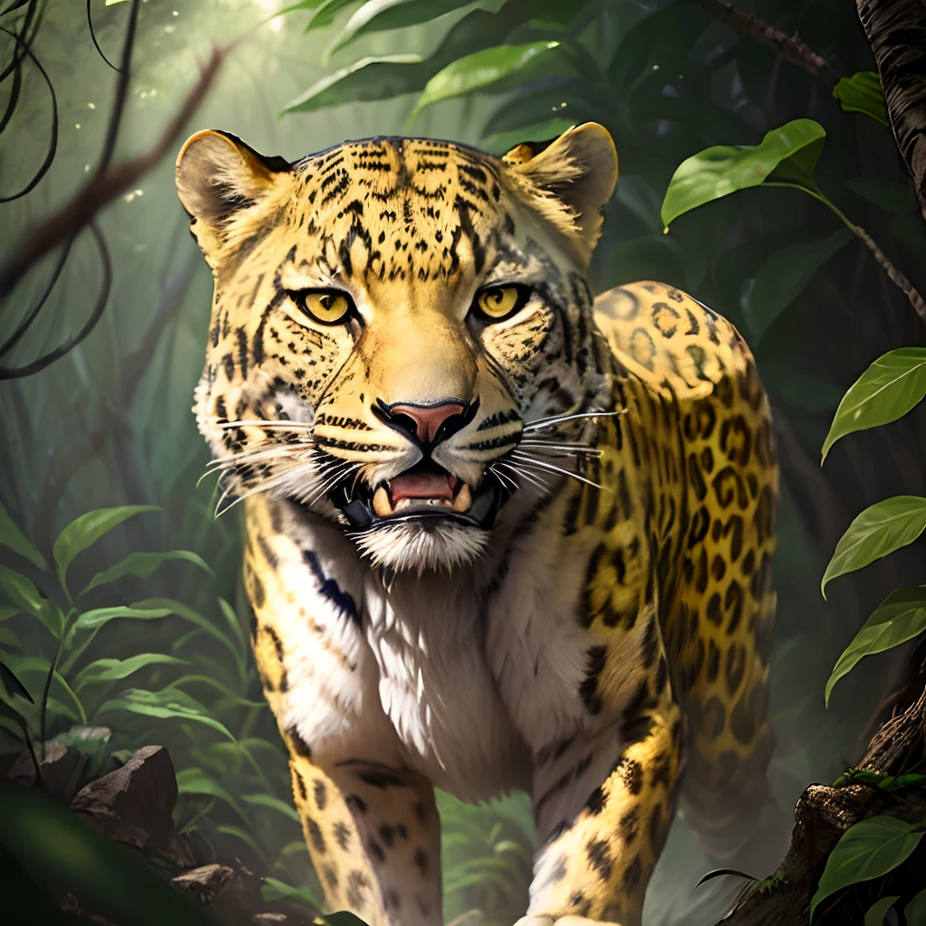 A golden leopard in the jungle,Tooth grinned,Prepare to pounce