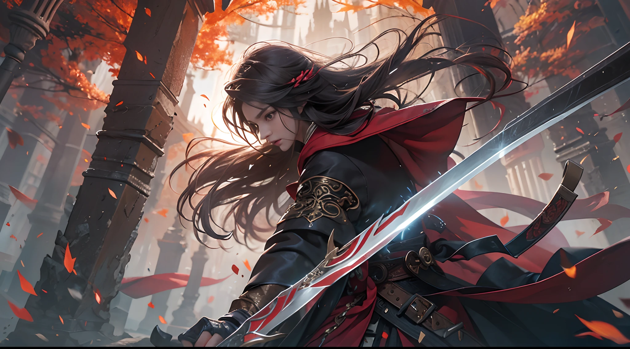 official art, unity 8k wallpaper, ultra detailed, beautiful and aesthetic, beautiful, masterpiece, best quality, one female assassin with long white hanfu and robe , girl has nice fantasy blade , fighting to an other male assassin , handsome man dark pitch brown hair , girl with black hair with pitch brown high light , fantasy art lighting , cliff and field , man has great and big sword , sword and blade are crashing , magic between them , some spark from the spot that blade and sword are crashing , darkness and brightness , dark mist , red sun light , butterfly , a battle between man and female assassin , a battle between darkness and brightness , long cliff , (ultra detailed face) , (ultra detailed art) , (ultra detailed sword and blade) , (ultra detailed hanfu) , (ultra detailed man's black hooded robe) , (ultra detailed battle) , fantasy , magic , magic controlling , fire and darkness , 1 girl and 1 man crashing swords , girl has long blade , two assassin battle (one female , one male), pretty woman , handsome man , fighting crashing sword and raging , assasin fighting each other , face to face , blade hitting the sword and emitting magic and some sparks , 2 sword hitting and crashing scene , two assassin crashing their sword