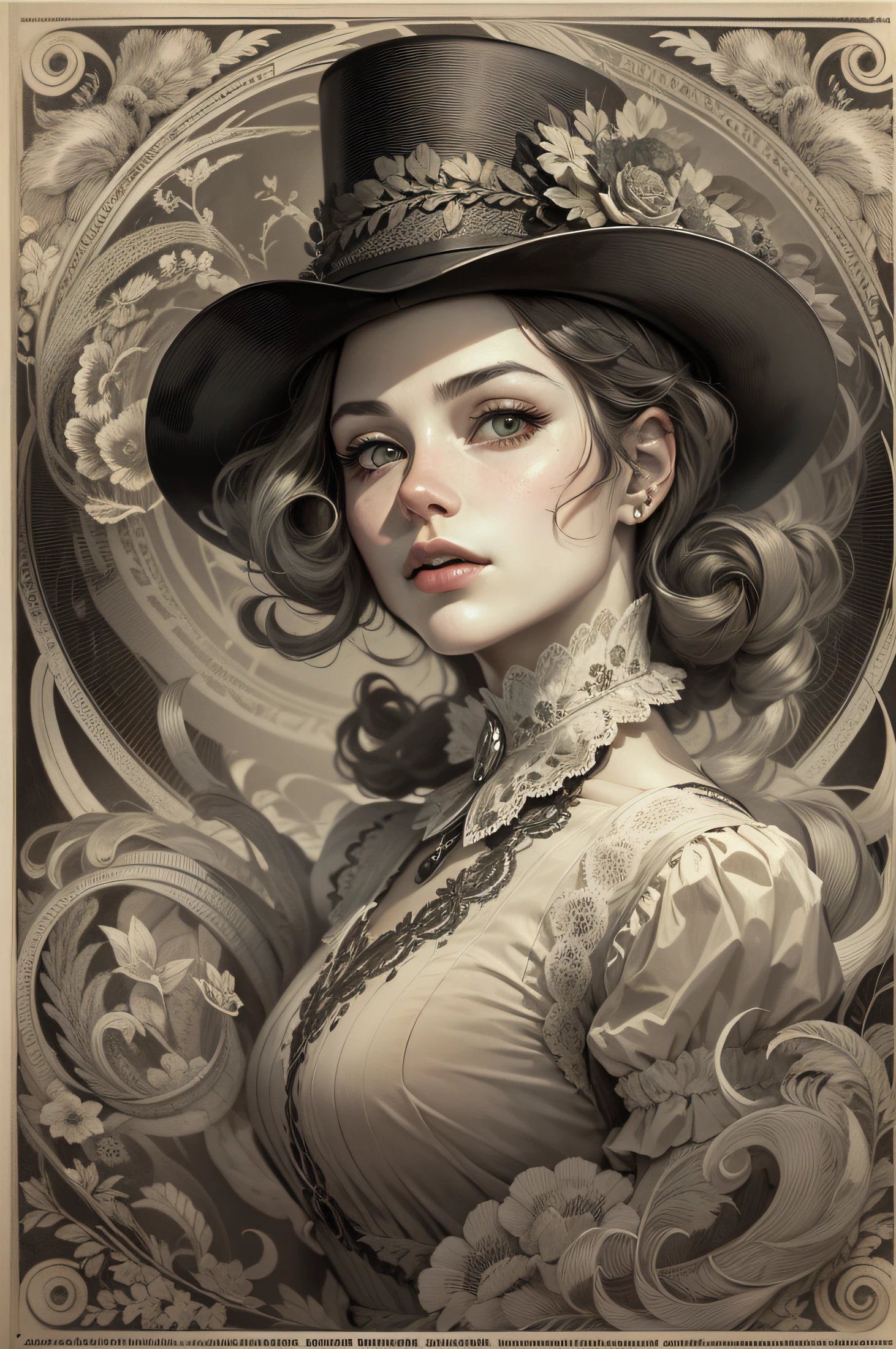 a poster with a beautiful classic woman in 1900 style, charming aura, ultra realistic details, arcane art style, inspired by NEVERCREW, hypervivid intense mcbess, inspired by Tim Biskup, digital illustration, by Justin Gerard,