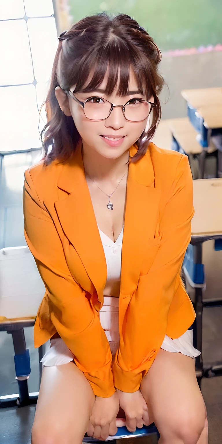 ((8K、Raw photography、top-quality、masterpiece)、high definition RAW color photos professional close-up photos、((Brown hair Quirky short hair))、((Red round glasses))、(realisitic、photorealisim:1.37)、(top-quality)、(Best Shadows)、(The best illustrations)、鎖骨((Colossal tits))、((erotick、A sexy、超A high resolution、high-definition CG unified 8K wallpapers、physically-based renderingt、Cinematographic lighting)、(aegyo sal:1)、a 18 year old girl、 (Orange Blazer、bow ribbon、sockes、high-school uniform:1.2)、High School Classroom, beautiful finely detailed eyes, Light on the Face, ((FULL BODYSHOT:1.2)), especially strong light, (Kamimei、Grinning smile:1.2),glowy skin、((A dark-haired、bobhair:1.2))、( thick thight), ulzzang -6500-v1.1:0.2, full of shyness, (The Flash:1.2), NSFW, (puffies, ((enchanting posture:1.2, enticing:1.2)), (Idol)、((Sit at a desk in the classroom:1.2)), ((Good anatomy:1.2))、((Bright and refreshing classroom、blur backgroun:1.2))、face perfect、kawaii faces、(high-angle shot:1.2)