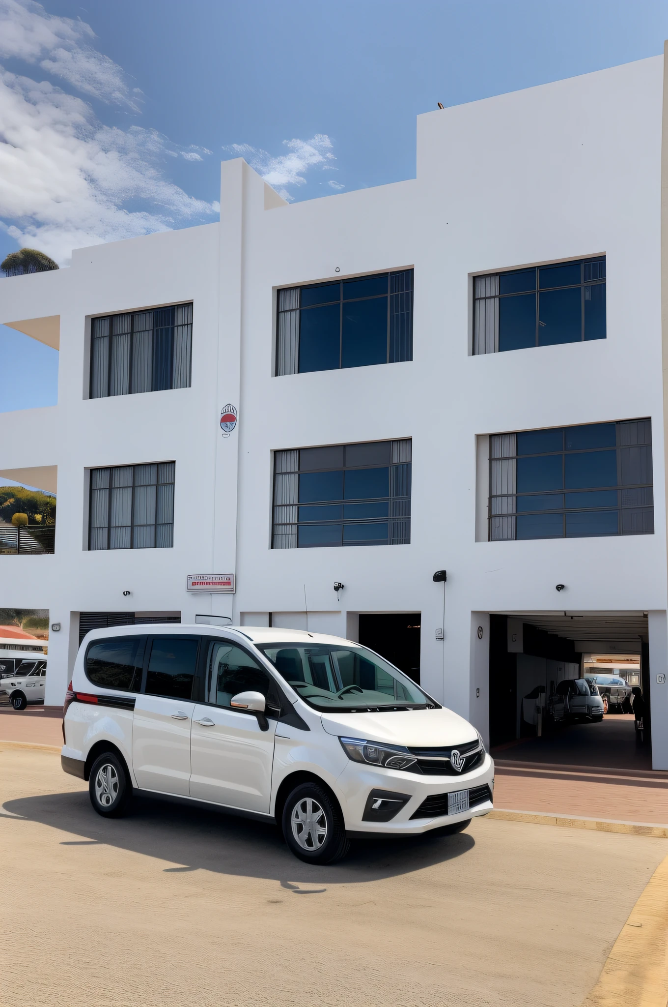 Delivery Service Vehicle, estacionado na porta da loja, loja grande, carro branco, vista completa, fotografia crua, qualidade, detalhes bem acabados,