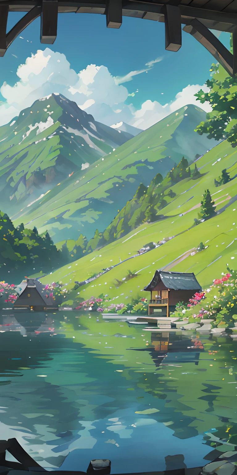 ancient buildings、gazebo、watermills、Small hillside、springtime、jungles、lakes、precipice、The tree、grassy fields、Rochas、hot onsen、hydrosphere、(illustratio:1.0)、Epic composition、Realistic lighting、high definition detail、tmasterpiece、Best quality,(非常详细的 CG 统一 8k 壁纸)