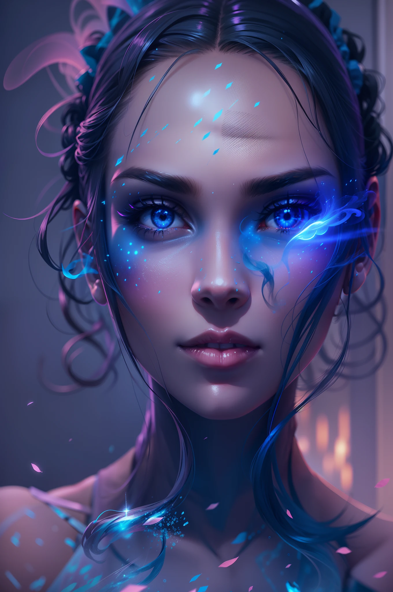 (1 girl),Volley solo,Flying,Swiftstep,Phantom,Blue neon lights produce smoke,Particle effect,misterious,glitters,Cinematic fill light,Colorful water floats in the air