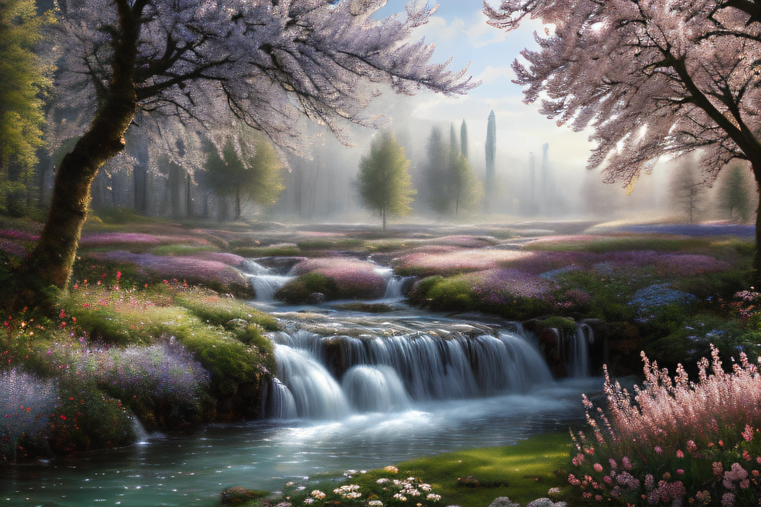 Paysage forestier au printemps , Eau cristalline, ciel azur lumineux, fleurs,(Highly detailed CG Unit 8k wallpaper), The most beautiful work of art in the world, Professional majestic oil painting, complexe, High detail, mise au point nette, dramatique, Art of photorealist painting, Alma Tadema