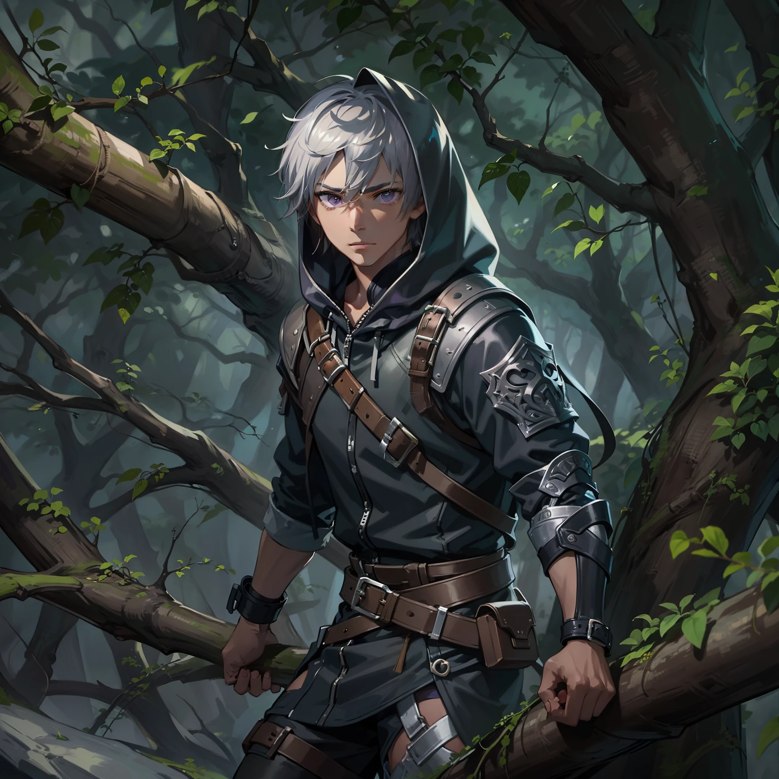 Teenager, male, adventurous, hunter, athletic, average height, leather hooded armor, brown skin, short silver bristly hair, violet eyes, determined expression, combat pose, perched on the high branch of a tree in a dark forest. Fantasy realistic anime style photorealistic illustration, close-up.