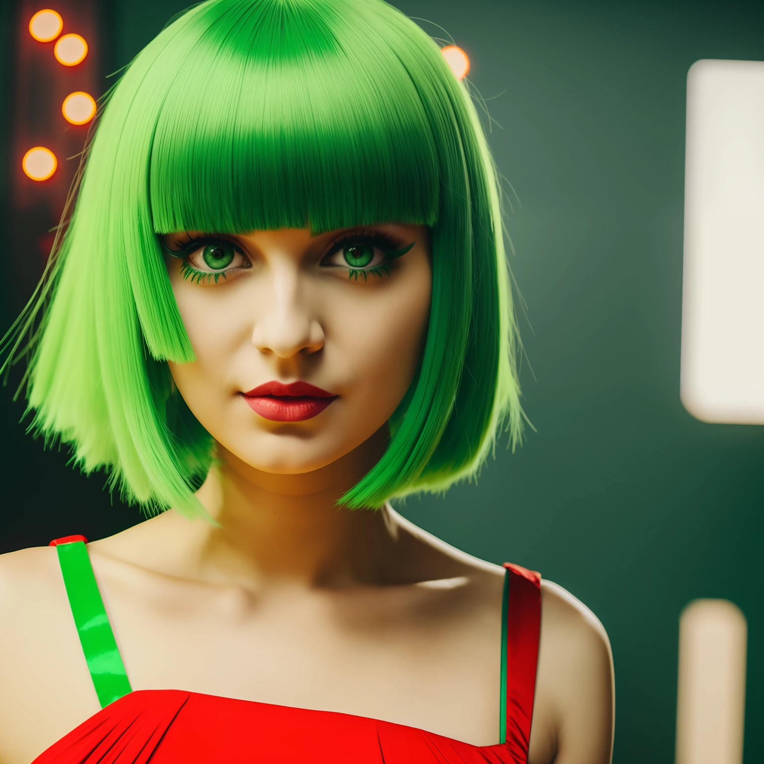 an arafed woman with green hair and a red dress standing, full body, green hair, bright green hair, bob cut green hair, bob cut green hair, she has bob cut green hair, fairycore, green glowing hair, she looks like a mix of grimes, soft skin and bob cut fiery hair, lily frank