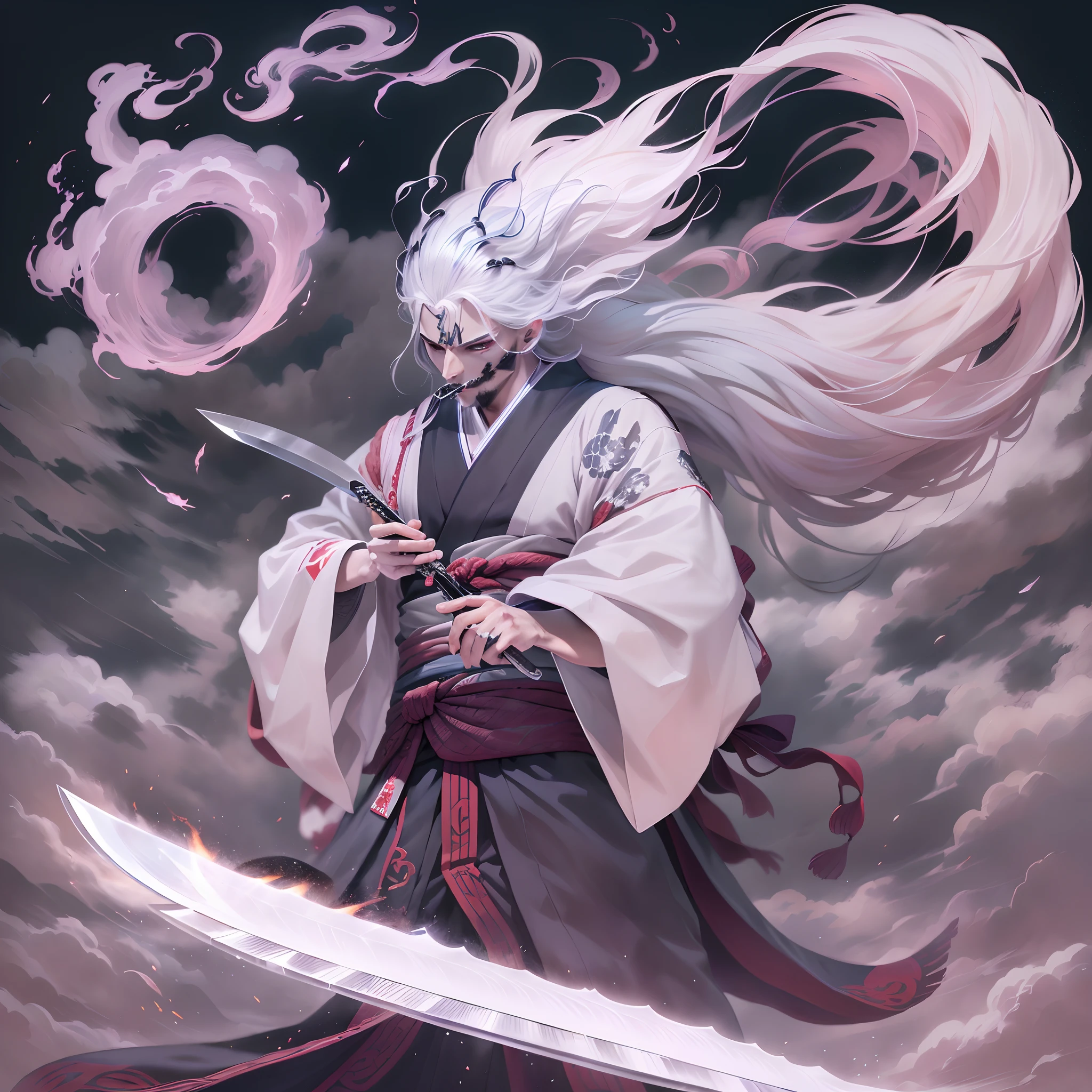 Anime character with white hair holding a sword in the sky, Onmyoji detailed art, white-haired god, onmyoji, onmyoji portrait, beautiful male god of death, Detailed bushido form smoke, Anime epic artwork, Anime fantasy illustration, legendary god holding spear, trending on artstation pixiv, detailed anime character art