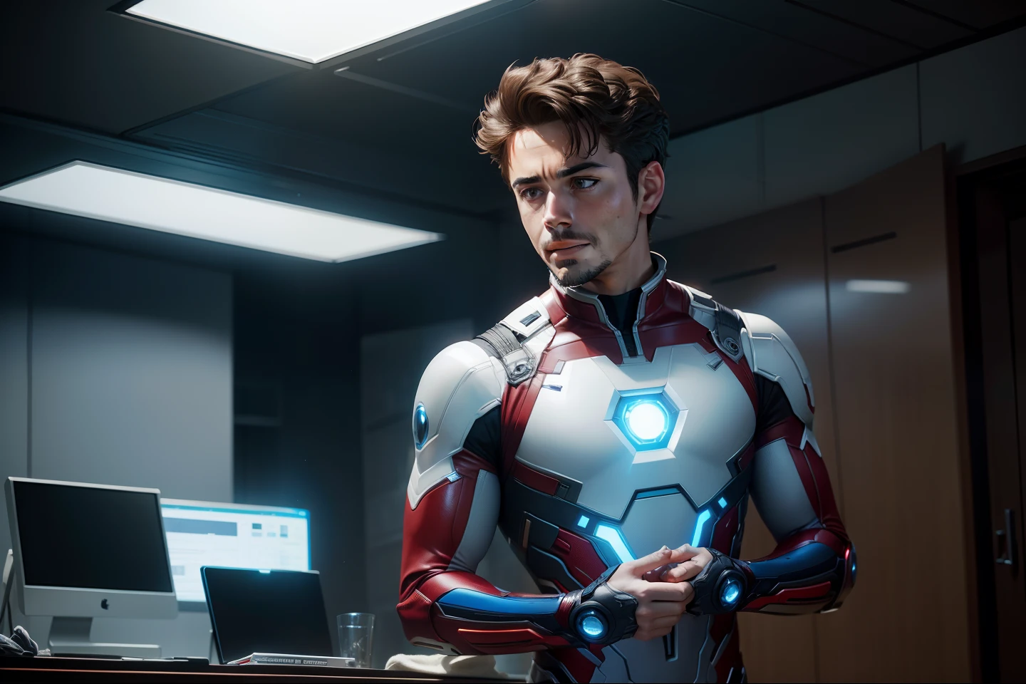 Young Tony stark from ironman set in avengers tower, Tony stark repairing his ironman suit, realistic, enhance, front capture, wear a white shirt over blue suit, Tony stark inspired by The Avengers and Marvel Comics, 4k