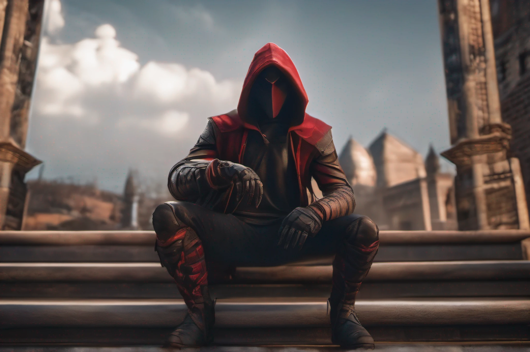 Cinematic, free space above head, Stunning full body imagery of Assassin inspired Dare-Devil (assassin hood on his head ), 16K resolution, looking in the camera, Unreal engine-5 rendering quality, octane render, UHD, HDR, highly detailed artwork, 3D render, DSLR picture quality,