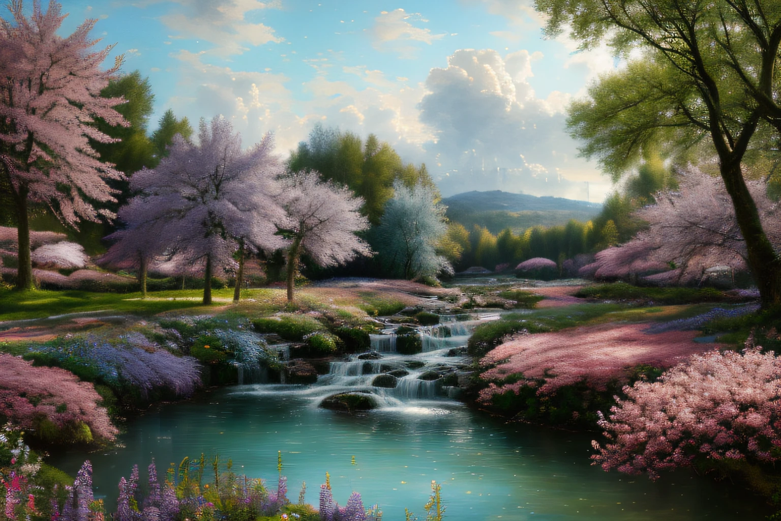 Paysage forestier au printemps  , Eau cristalline, ciel azur lumineux, fleurs,(Highly detailed CG Unit 8k wallpaper), The most beautiful work of art in the world, Professional majestic oil painting, complexe, High detail, mise au point nette, dramatique, Art of photorealist painting, Alma Tadema
