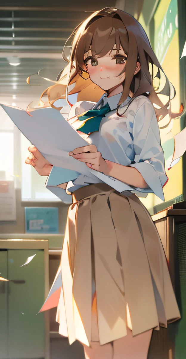 1girl, solo, paper, shirt, long hair, skirt, brown hair, white shirt, holding paper, blush, short sleeves, brown eyes, holding, looking at viewer, brown skirt, floating hair, collared shirt, pleated skirt, closed mouth, wind