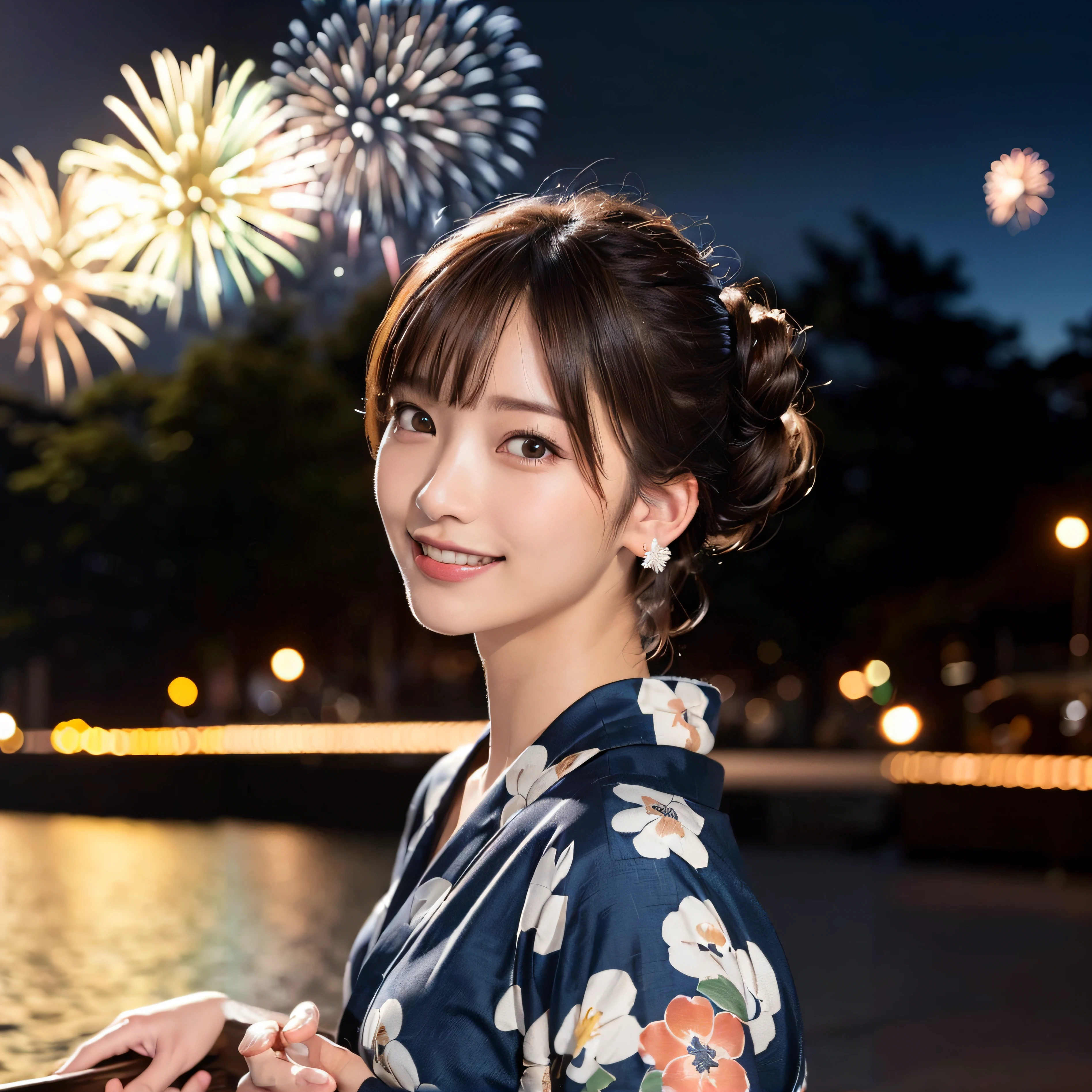 Woman in kimono dress watching fireworks in the sky, 奈良美智, the face of a beautiful Japanese girl, chiho, twintails hairstyle, Shiori Teshirogi, shinsui ito, Japanese Models, sakimichan, by Torii Kiyomoto, official artwork, chengyou liu