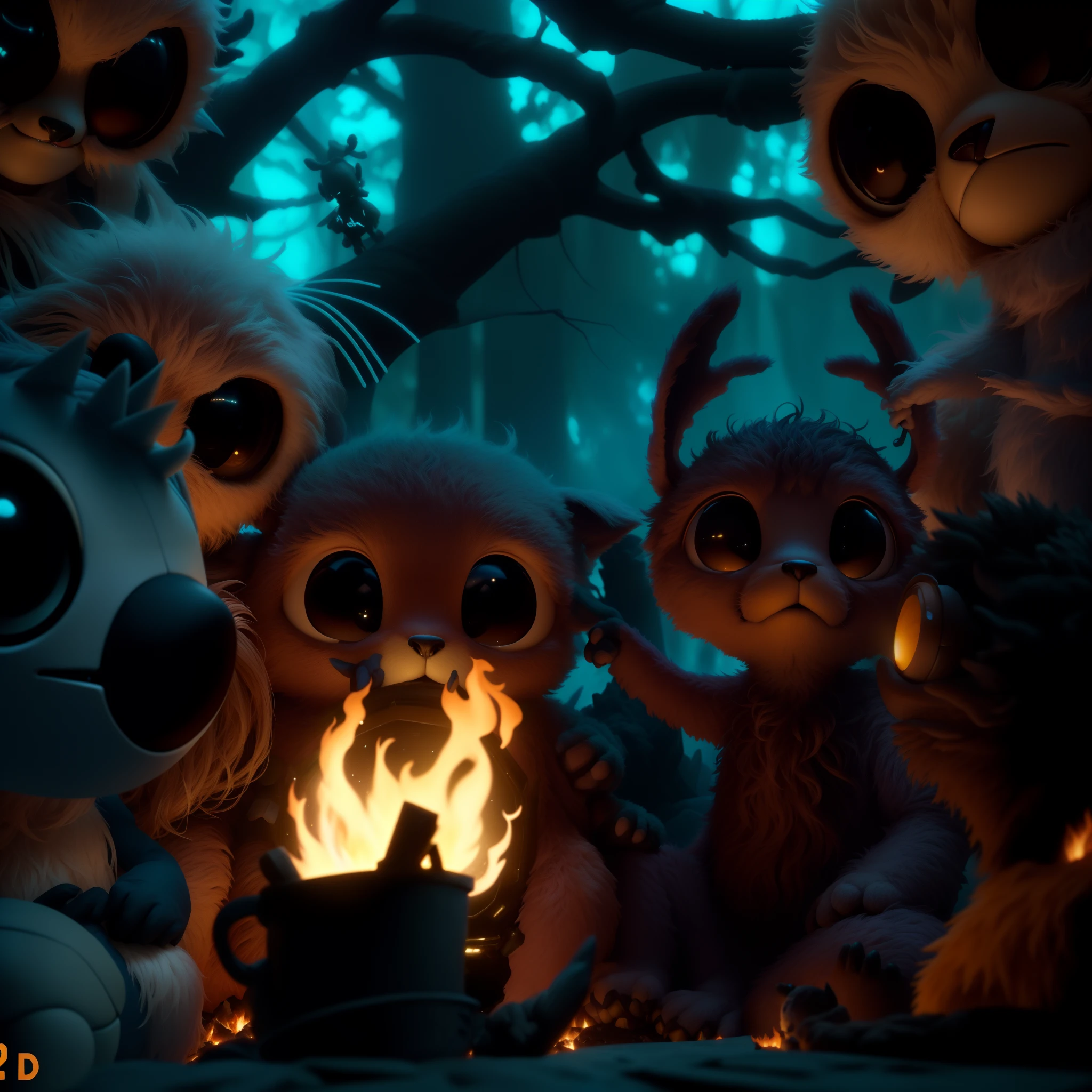 a close up of a group of stuffed animals sitting around a fire, alien creatures scattered around, 3 d render beeple, cute 3 d render, ori and the will of the wisps, ps5 cinematic screen capture, 4 k octan render, beeple and tim hildebrandt, unreal engine 5 highly rendered, game render, unreal 5 engine highlly render