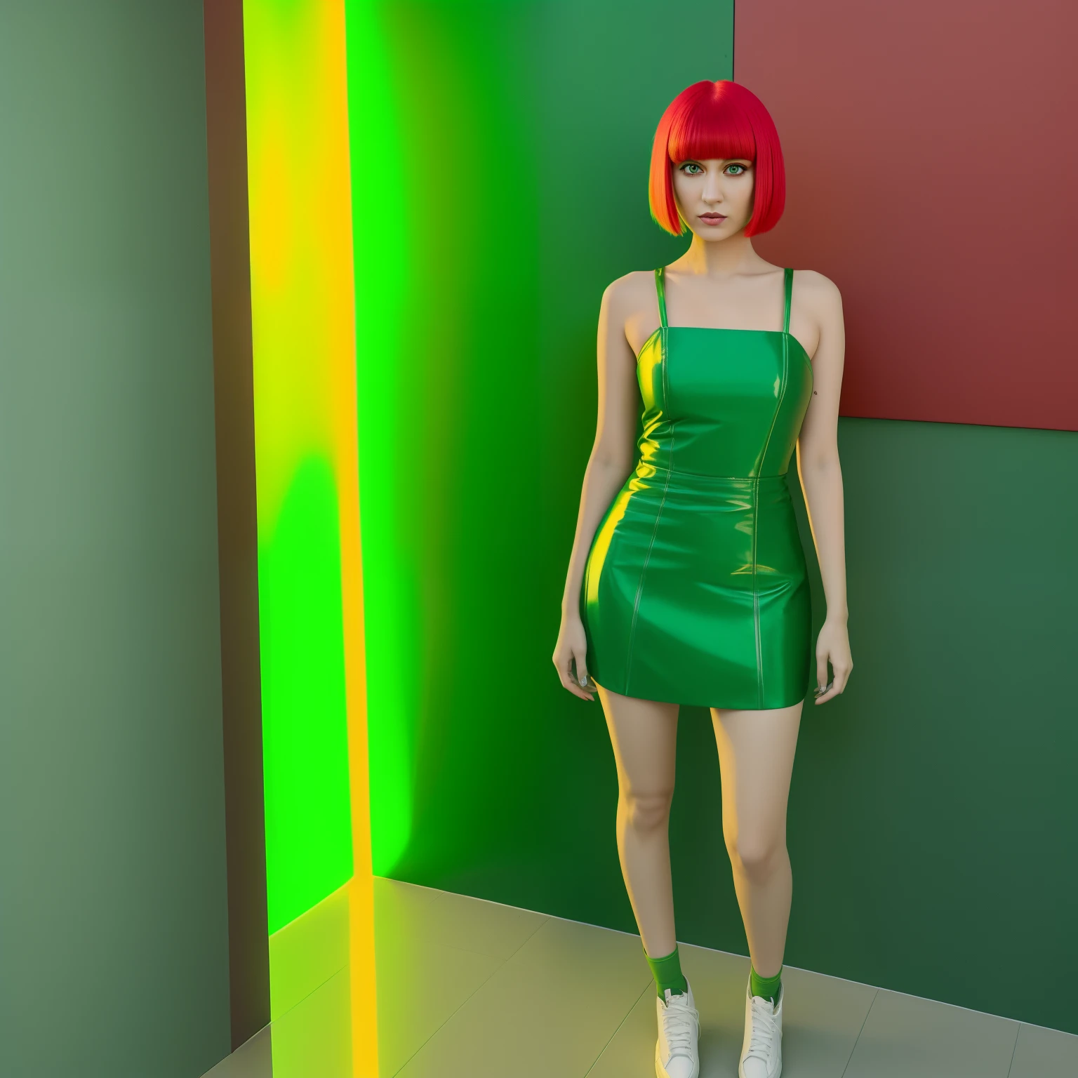 arafed woman with green hair and a red dress standing, full body, green hair, bright green hair, bob cut green hair, bob cut green hair, she has bob cut green hair, fairycore, green glowing hair, she looks like a mix of grimes, red skin and bob cut fiery hair, lily frank