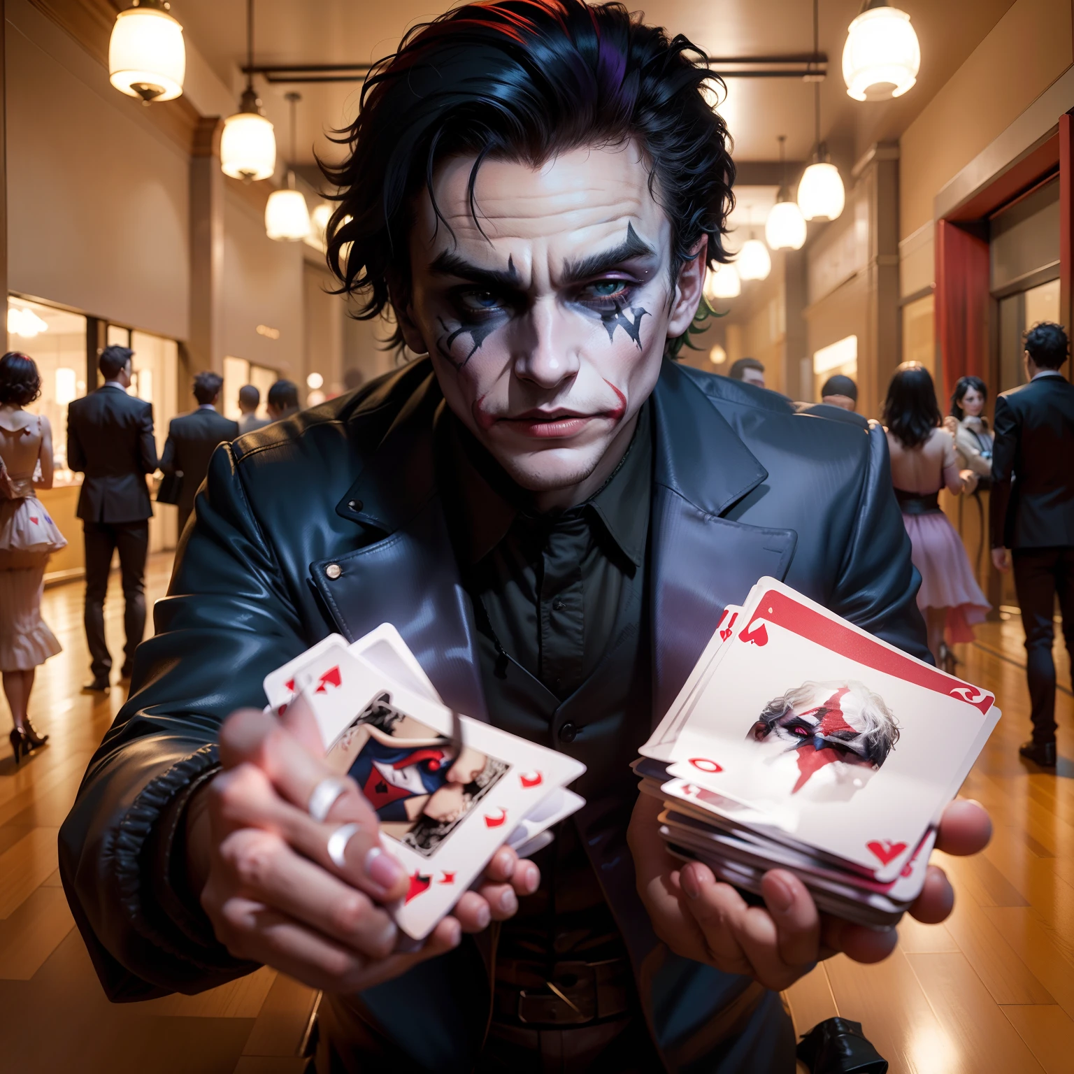 From your own point of view，first person，The Joker holds two Joker cards in his hand，Background bokeh，tmasterpiece，Hyper Real，satirize，Heath Ledger