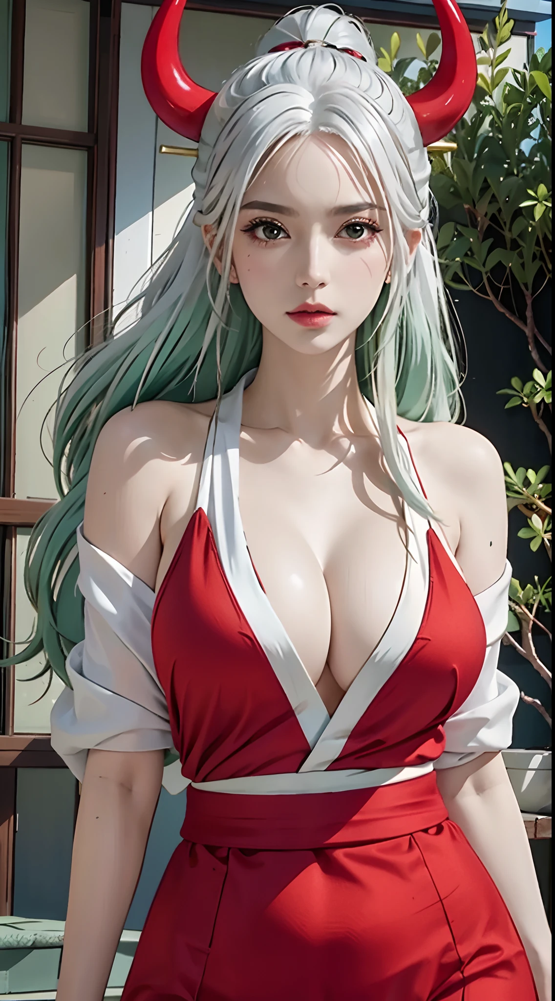 photorealistic, high resolution, 1women, solo, hips up, look at viewer, (detailed face), yamato_5000, white hair, green hair, gradient hair, red horns, wanostyle, kimono, red dress, huge breasts, tattoo, big ribbon