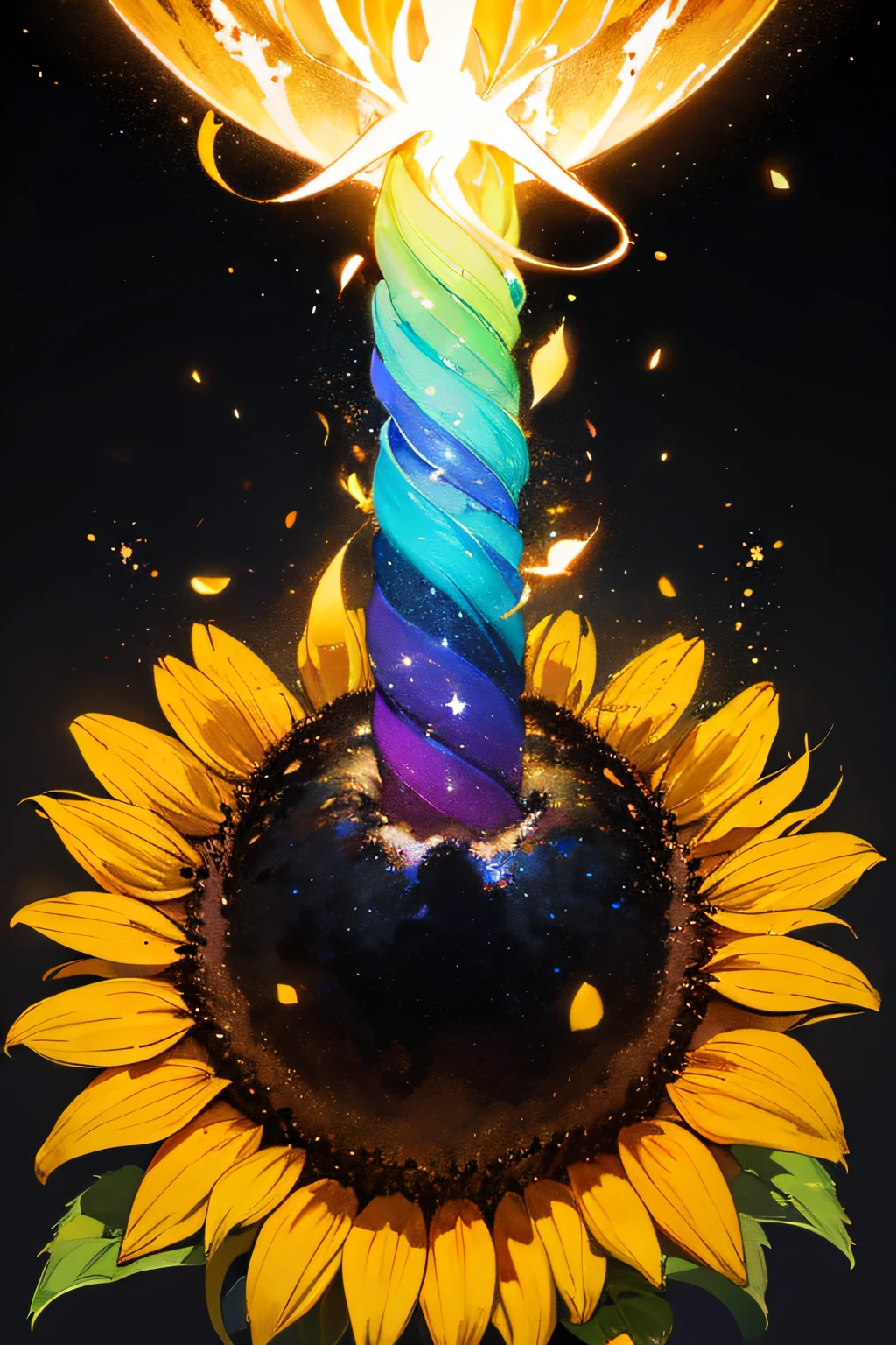 a painting of a colorful sunflower on a black background, , breathtaking rendering, within a radiant connection, inspired by Kinuko Y. Craft,, magical elements, sunflower icon, wow, is gorgeous, casting a multi colorful spell, bright flash, flash