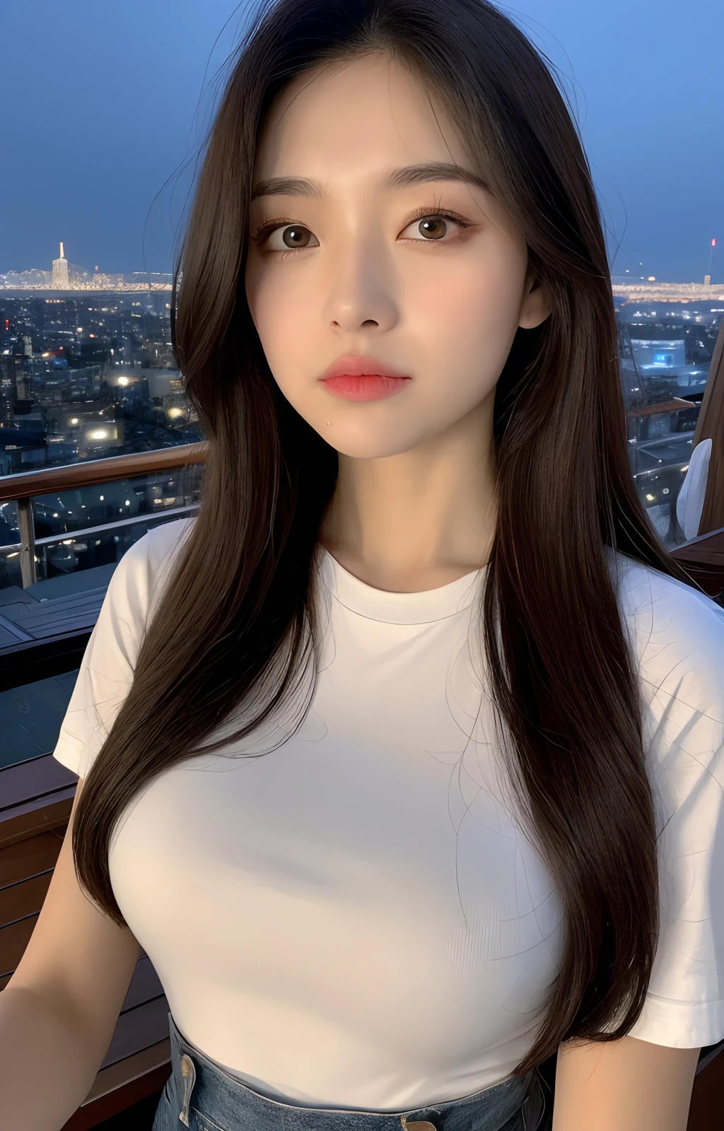 ((Midnight, Best quality, 8k, Masterpiece :1.3)), Whole body, Long legs, Sharp focus :1.2, A pretty woman with perfect figure :1.4, Slender abs :1.1, ((Dark brown hair, Big breasts :1.2)), (White tight tshirt, Jean bib, Standing:1.2), ((Night city view, Rooftop:1.3)), Highly detailed face and skin texture, Detailed eyes, Double eyelid
