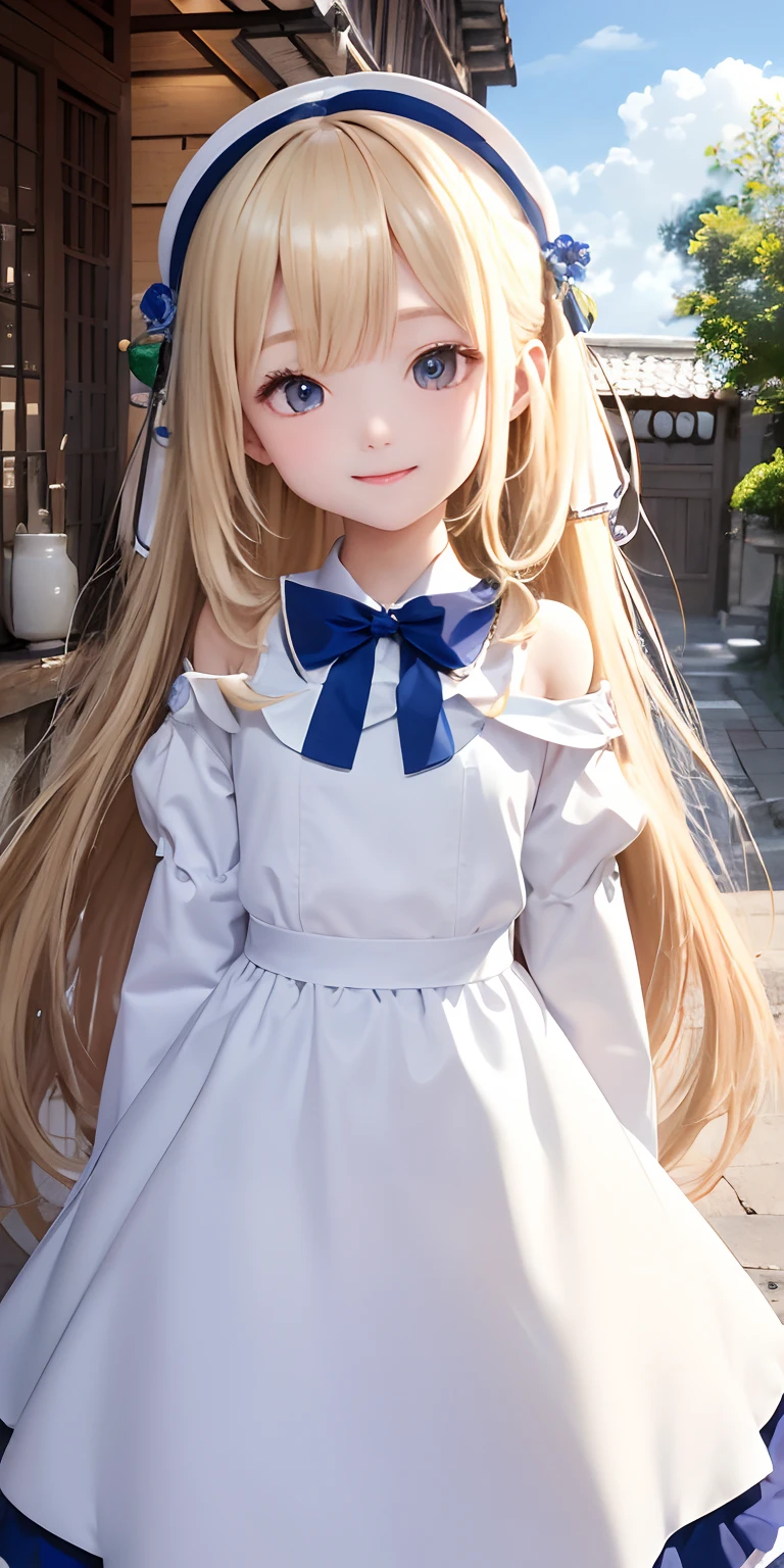 top-quality、masterpiece、a blond、Aimei、blue clothing、look up to、The upper part of the body、light skinned、The long-haired、a smile、Cute clothes、courtyard、bluebird (fine、crisp image、Hyper-Resolution、Very surprising detail、Superb Detail)