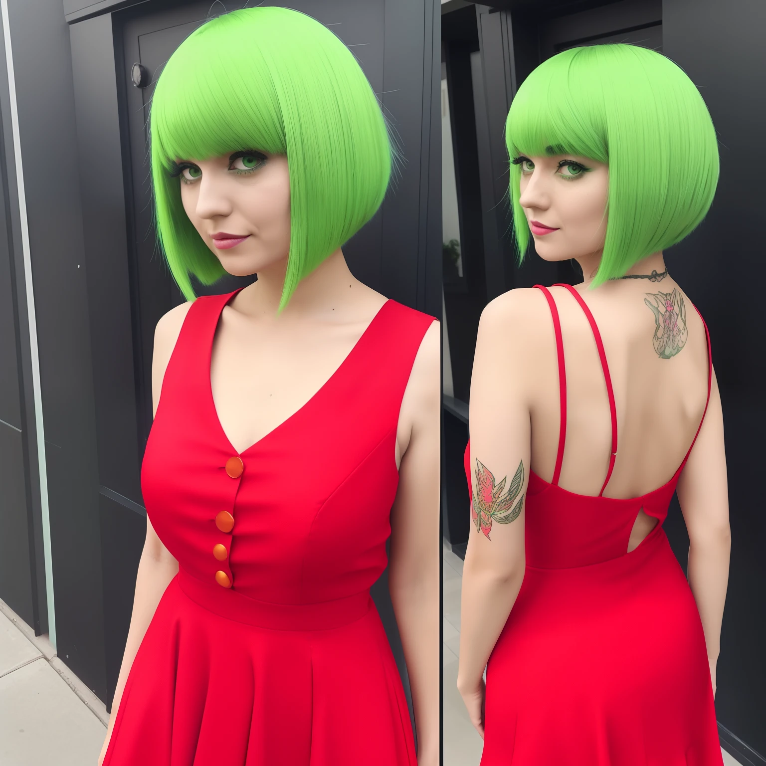arafed woman with green hair and a red dress standing, full body, green hair, bright green hair, bob cut green hair, bob cut green hair, she has bob cut green hair, fairycore, green glowing hair, she looks like a mix of grimes, pink skin and bob cut fiery hair, lily frank