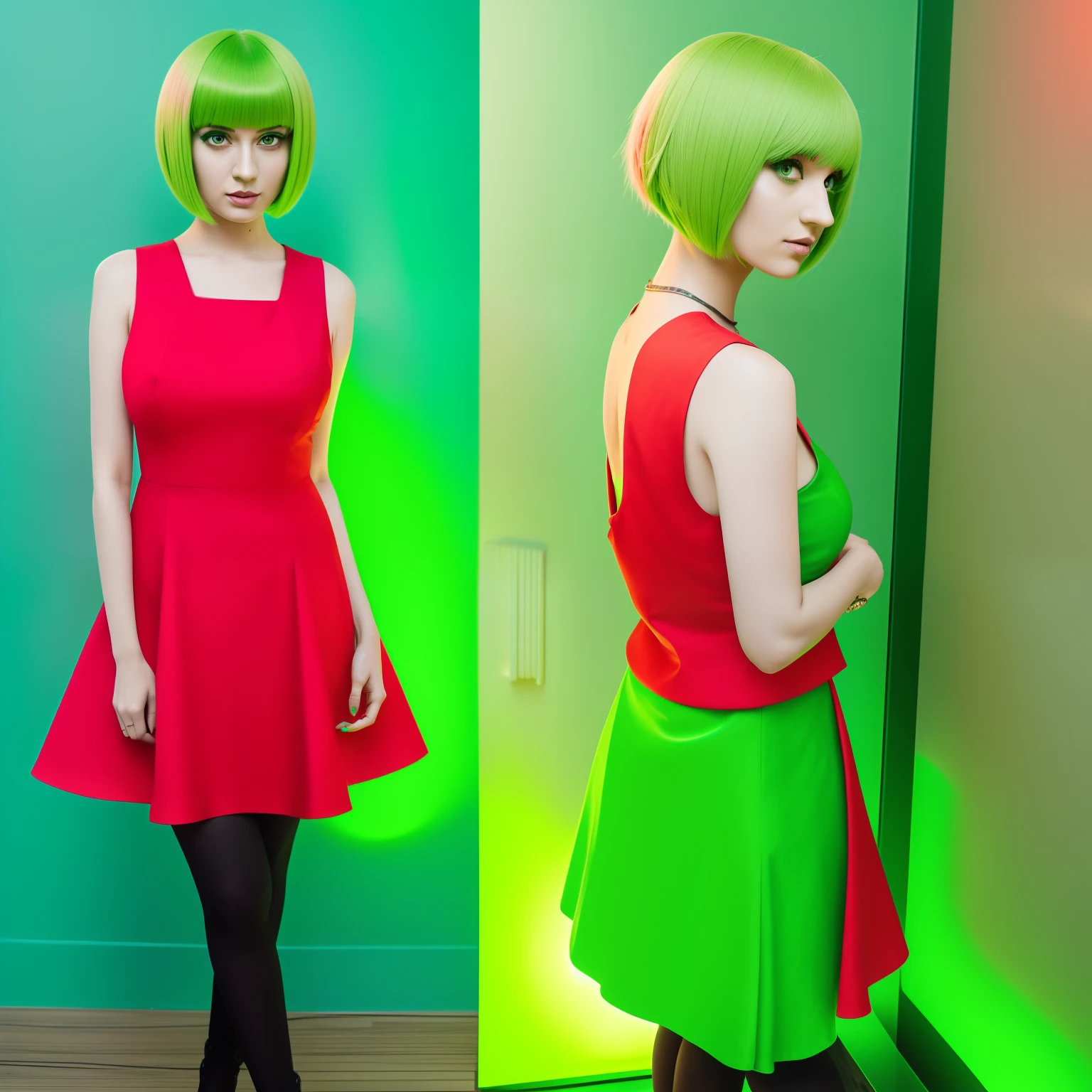 arafed woman with green hair and a red dress standing, full body, green hair, bright green hair, bob cut green hair, bob cut green hair, she has bob cut green hair, fairycore, green glowing hair, she looks like a mix of grimes, pink skin and bob cut fiery hair, lily frank