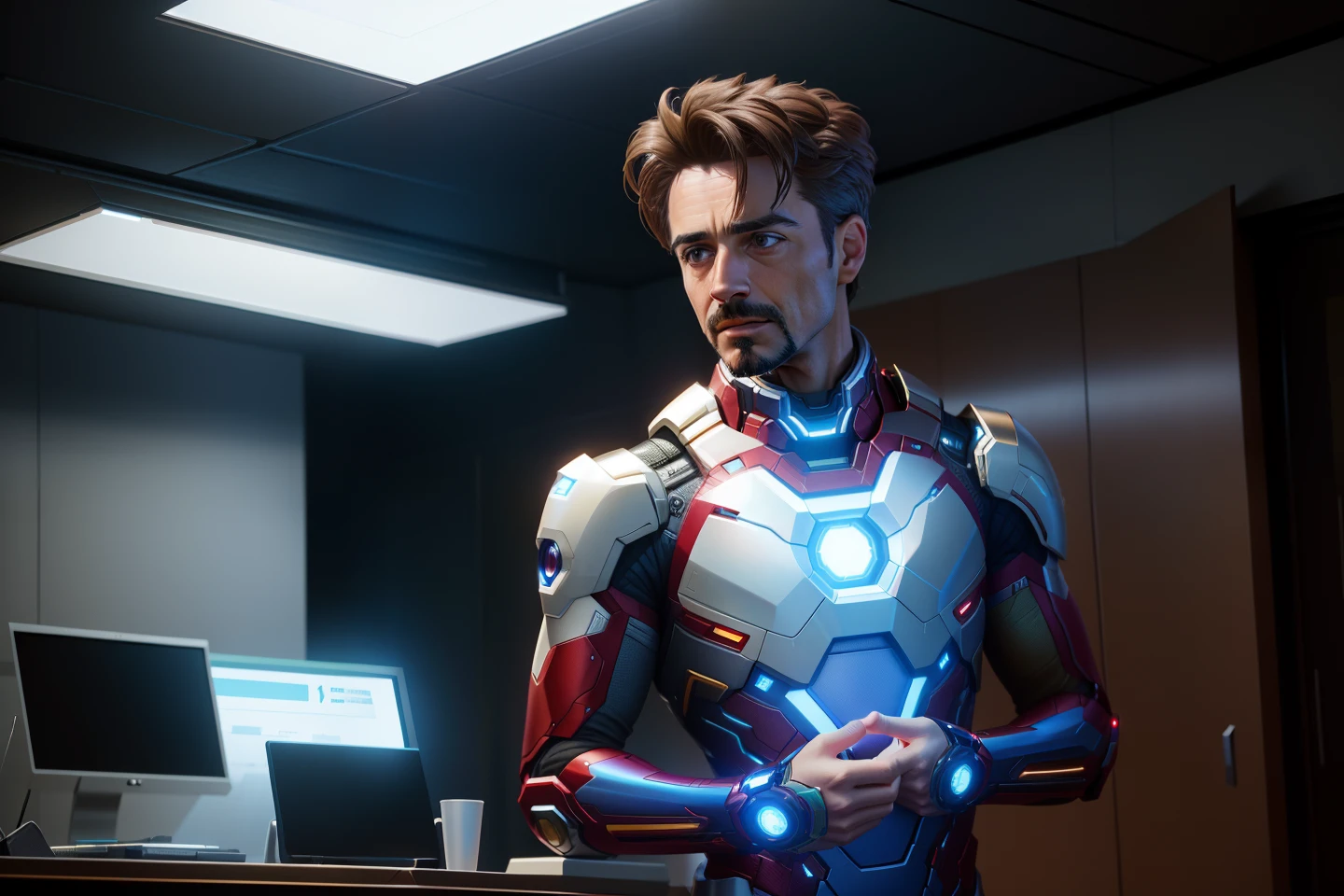 there is a man in a suit standing in front of a ai 3d hologram computer, rendered in 8 k unreal engine, rdj as tony stark, tony stark, rendered in unreal engine 5, mkbhd as iron man, detailed cinematic render, movie still 8 k, cg artist, photorealistic artstyle, concept art of tony stark, photorealistic cinematic render, location at the top of Stark tower, back side city view