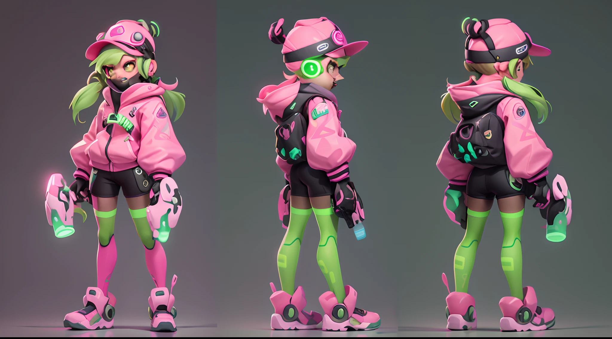 Three different poses for a woman dressed in pink and green, concept art style, neon glow concept art, concept art style, hyper concept art, with splatoon style, lucio as a woman, Stylized concept art, character design art, cushart kenz, expert high detail concept art, candypunk character design, character design contest winner