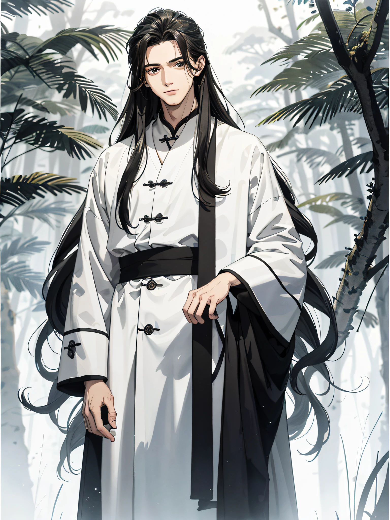 Absurd, High definition, Super detailed, Texture details, clear presentation, HD details, detail performance, Fine details, Clear face, Fix accurately, ((cabelos preto e longos))、long whitr hair、18-year-old man, Handsome, Tall,Soft smile、Slightly muscular,(Clear eyeballs), (1 person: 1.3), handpainted, Simple lines, (An 18-year-old man wearing a white Chinese suit), foggy forest、The upper part of the body