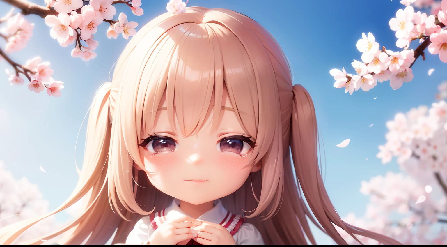 Doll standing in front of the painting、bionde、Crying face、Wiping tears、Close your right eye、Sengai、pixiv、rokoko、dollfie dream、watercolor Nendoroid、(High Definition Figure)、flowing sakura-colored silk、nendroid、highly_Detailed!!,Cherry blossom petals、Flowing cherry blossom silk、I'm crying with joy！、season!!: 🌸 ☀ 🍂 ❄