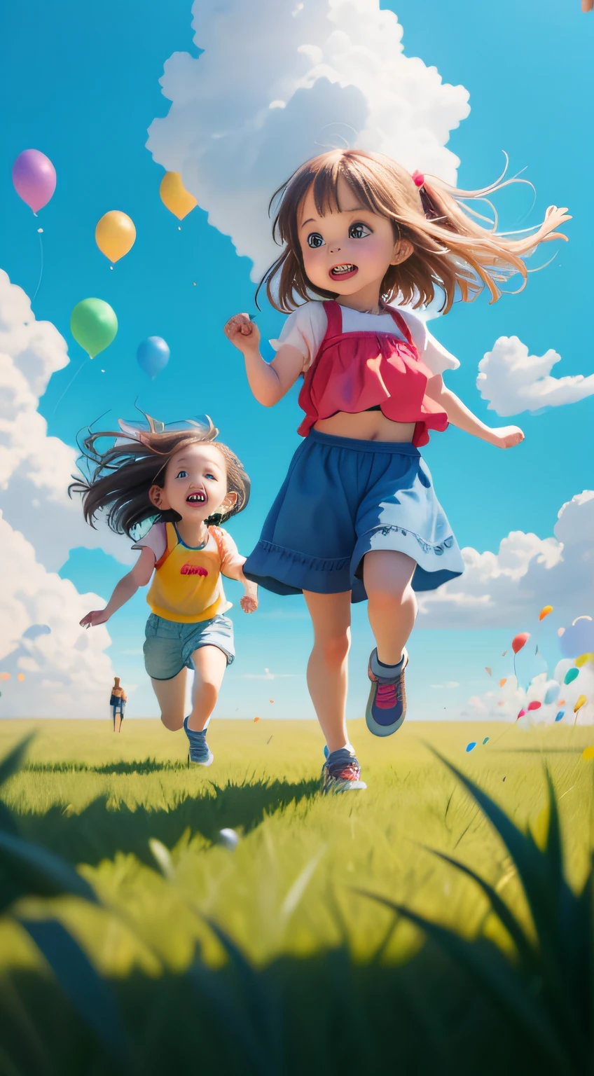 /imagine prompt: Two s running on the prairie, One of them was holding a bunch of colorful balloons. On a sunny day, Children are playing, Blue sky and white clouds, Real details, 3D characters, C4D,