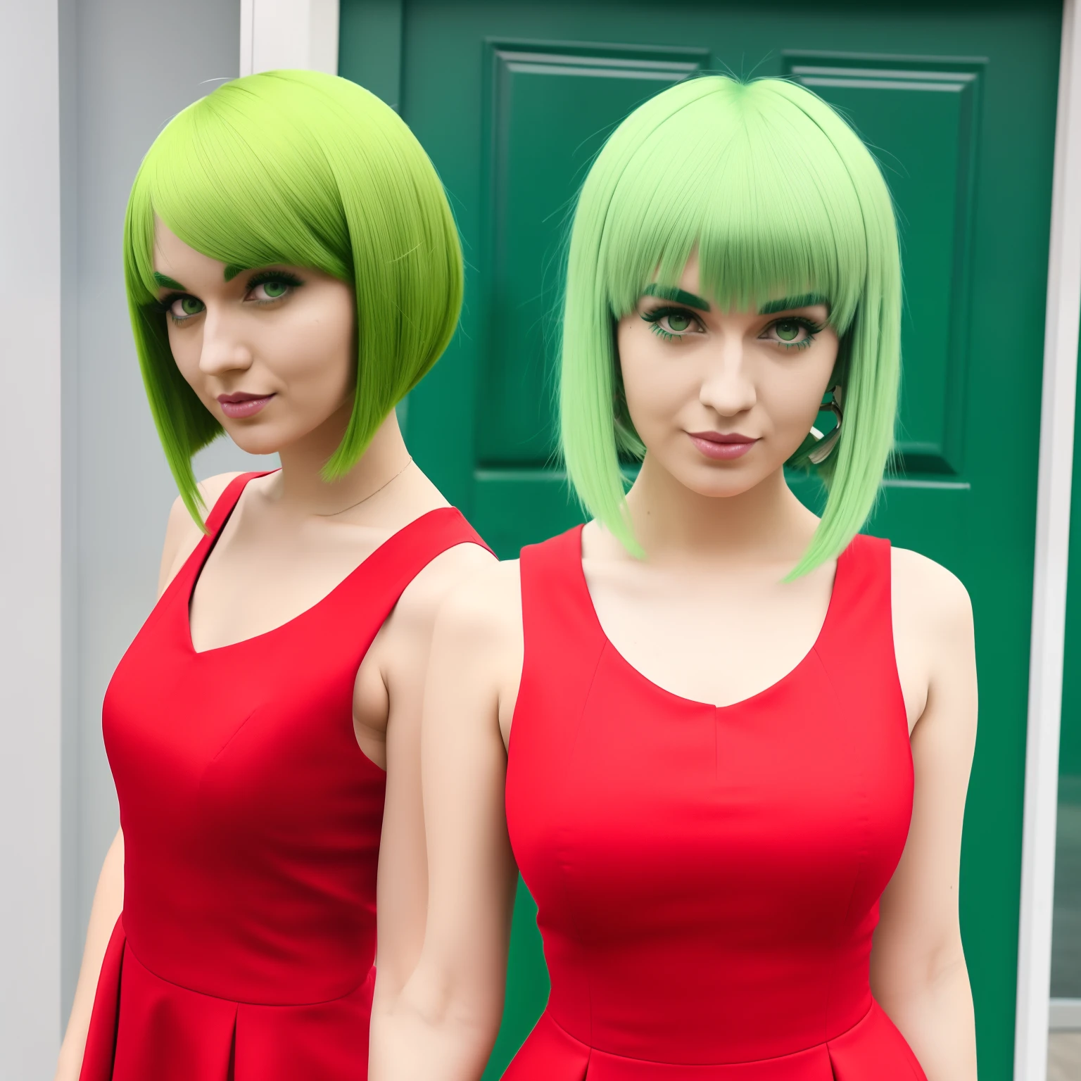 arafed woman with green hair and a red dress standing, full body, green hair, bright green hair, bob cut green hair, bob cut green hair, she has bob cut green hair, fairycore, green glowing hair, she looks like a mix of grimes, pink skin and bob cut fiery hair, lily frank