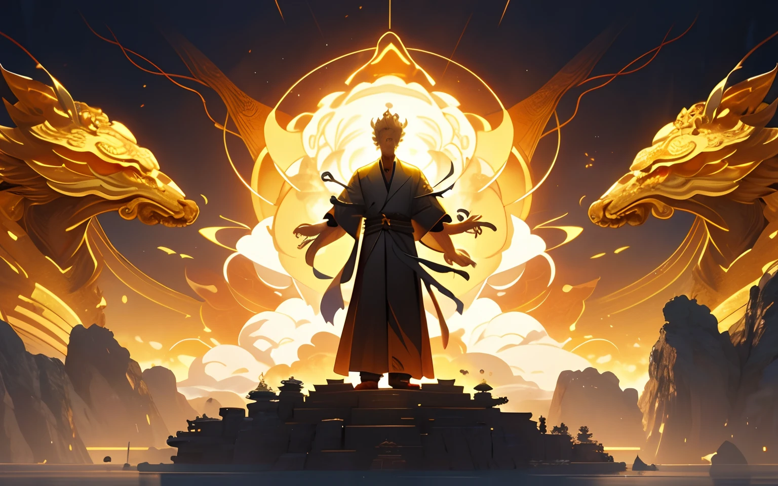 A figure stood in front of a golden Taoist priest，Mysterious and sacred，Full of strength and wisdom，Enigmatic Atmosphere，wide wide shot，GAN technology is adopted，unity engine，2K HD。First perspective