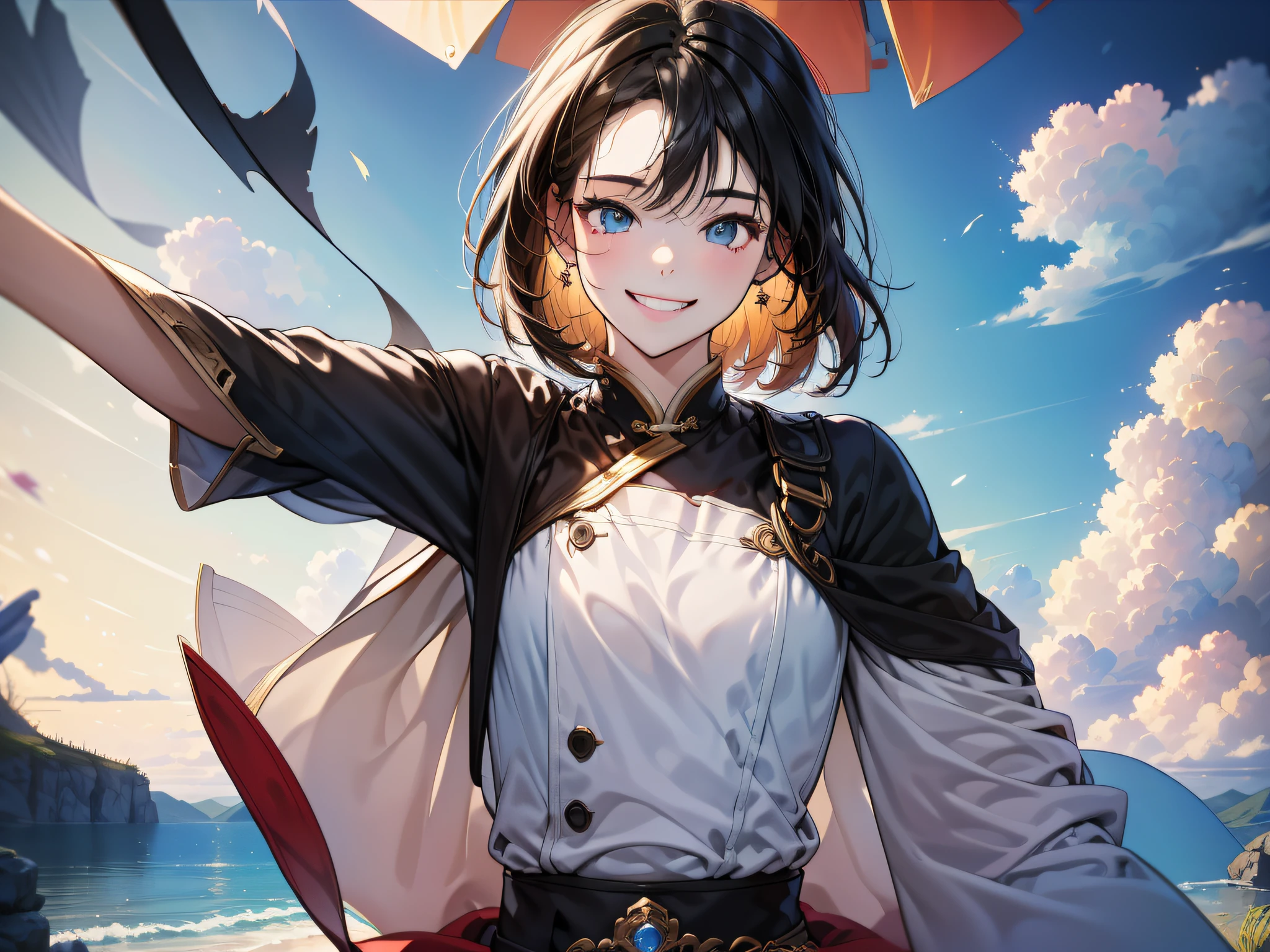 in 8K、top-quality、masterpiece:1.2)、1人の女性、(Smiling smile:1.1)、beautidful eyes、Valley、The upper part of the body、length hair、Like a boy、poneyTail、Green View、