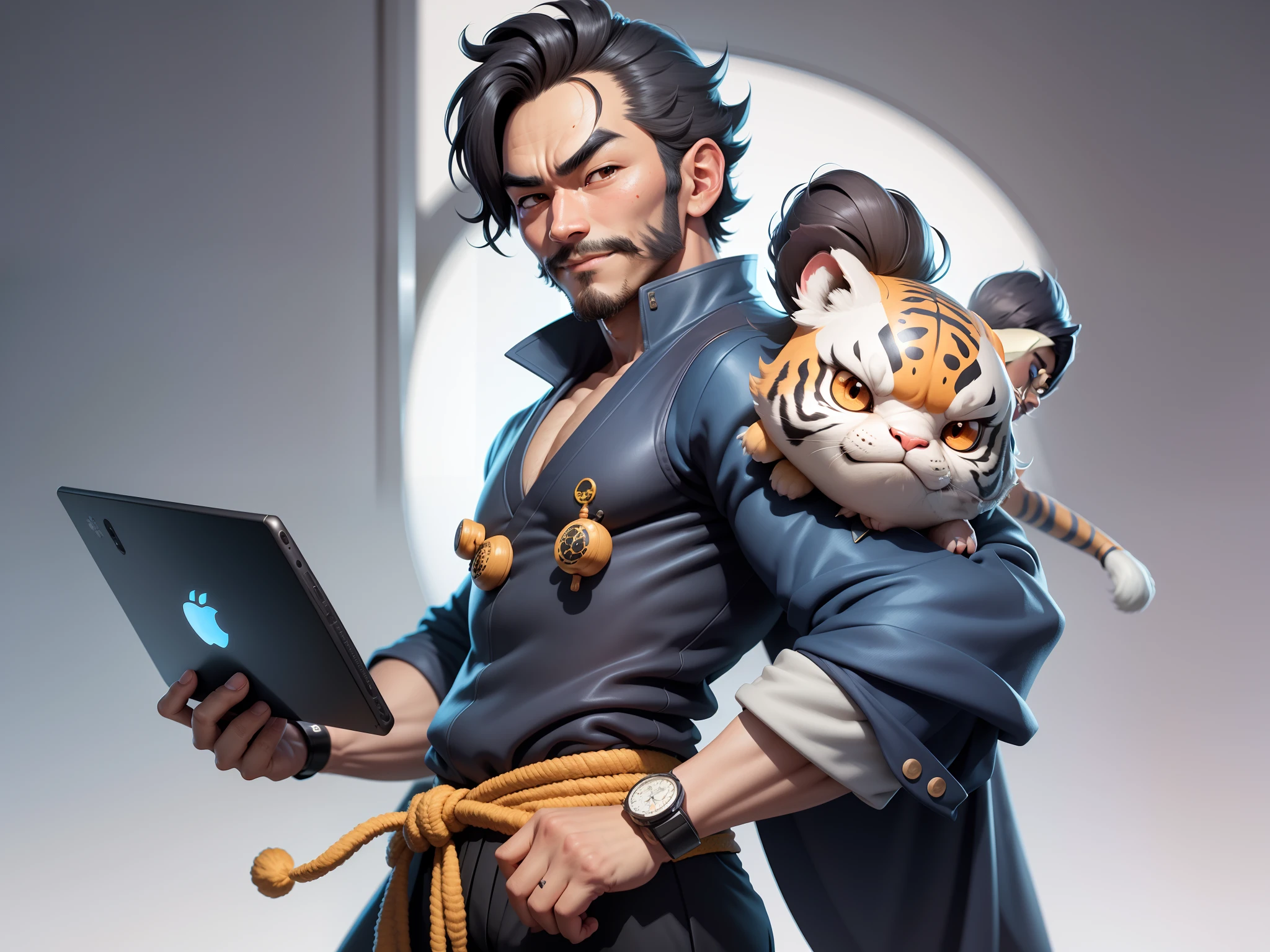 (Daisaku),(Need),(Super meticulous),(full bodyesbian:1.2),Super young man with Japanese geisha,Beautiful,orient,one tiger,Aeolian Thor,Raised sexy,爆乳,Oriental face,TV Anchor,Bust portrait illustration,In black suit,a blue tie,The face is slightly chubby,The face was clean,without a beard,Black super short hair,Black eyes,Smile confidently,3C computer sub-products,iPad, iphone,Digital painting,3D character design by Mark Clairen and Pixar and Hayao Miyazaki and Akira Toriyama,The illustration is a high-definition illustration in 4K resolution,With very detailed facial features and cartoon-style visuals。