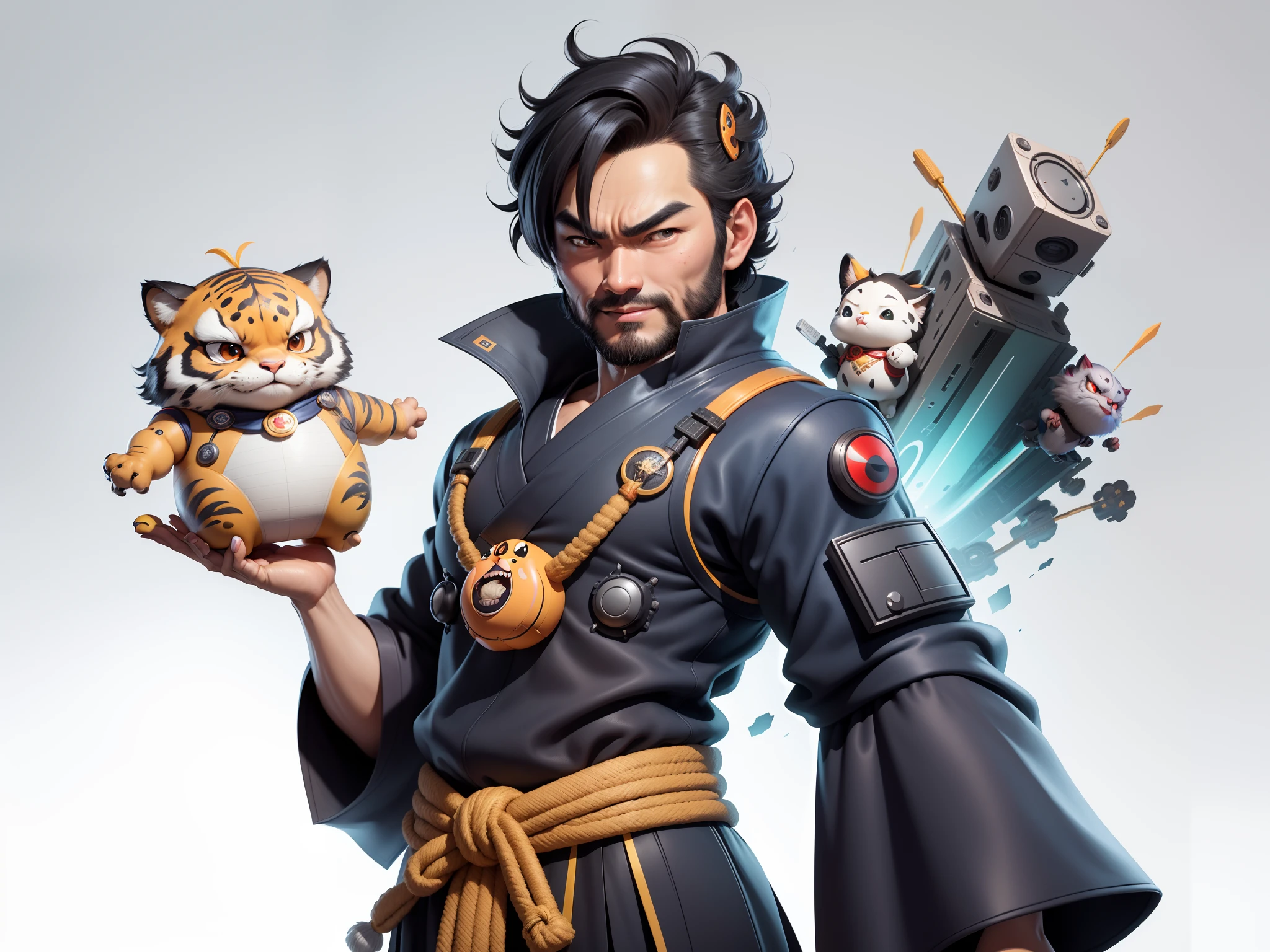 (Daisaku),(Need),(Super meticulous),(full bodyesbian:1.2),Super young man with Japanese geisha,Beautiful,orient,one tiger,Aeolian Thor,Raised sexy,爆乳,Oriental face,TV Anchor,Bust portrait illustration,In black suit,a blue tie,The face is slightly chubby,The face was clean,without a beard,Black super short hair,Black eyes,Smile confidently,3C computer sub-products,iPad, iphone,Digital painting,3D character design by Mark Clairen and Pixar and Hayao Miyazaki and Akira Toriyama,The illustration is a high-definition illustration in 4K resolution,With very detailed facial features and cartoon-style visuals。