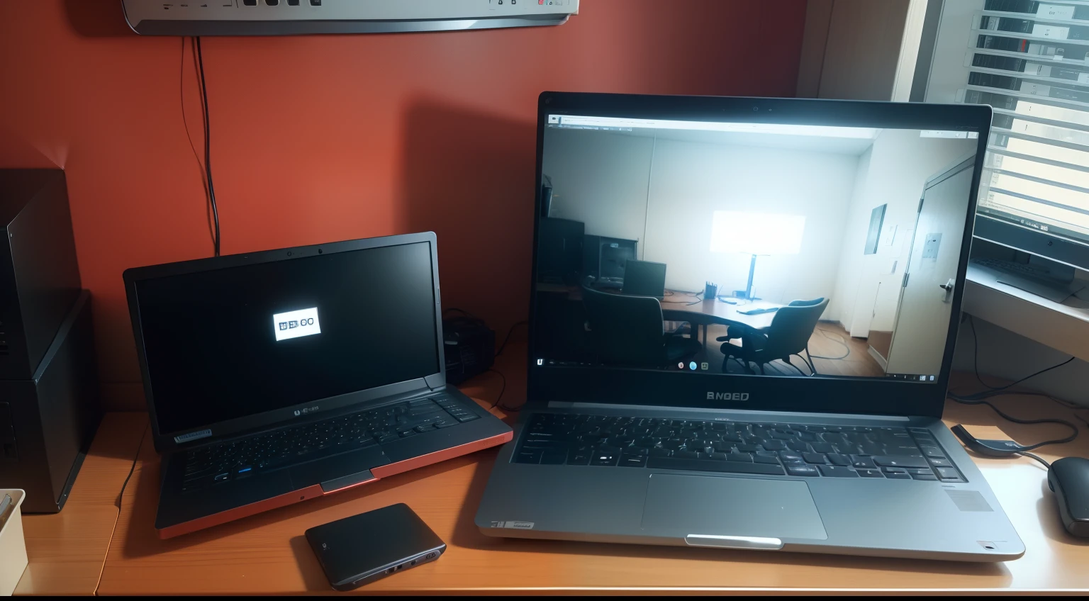 There's a laptop and monitor on a desk, a red's cable and informatic server,