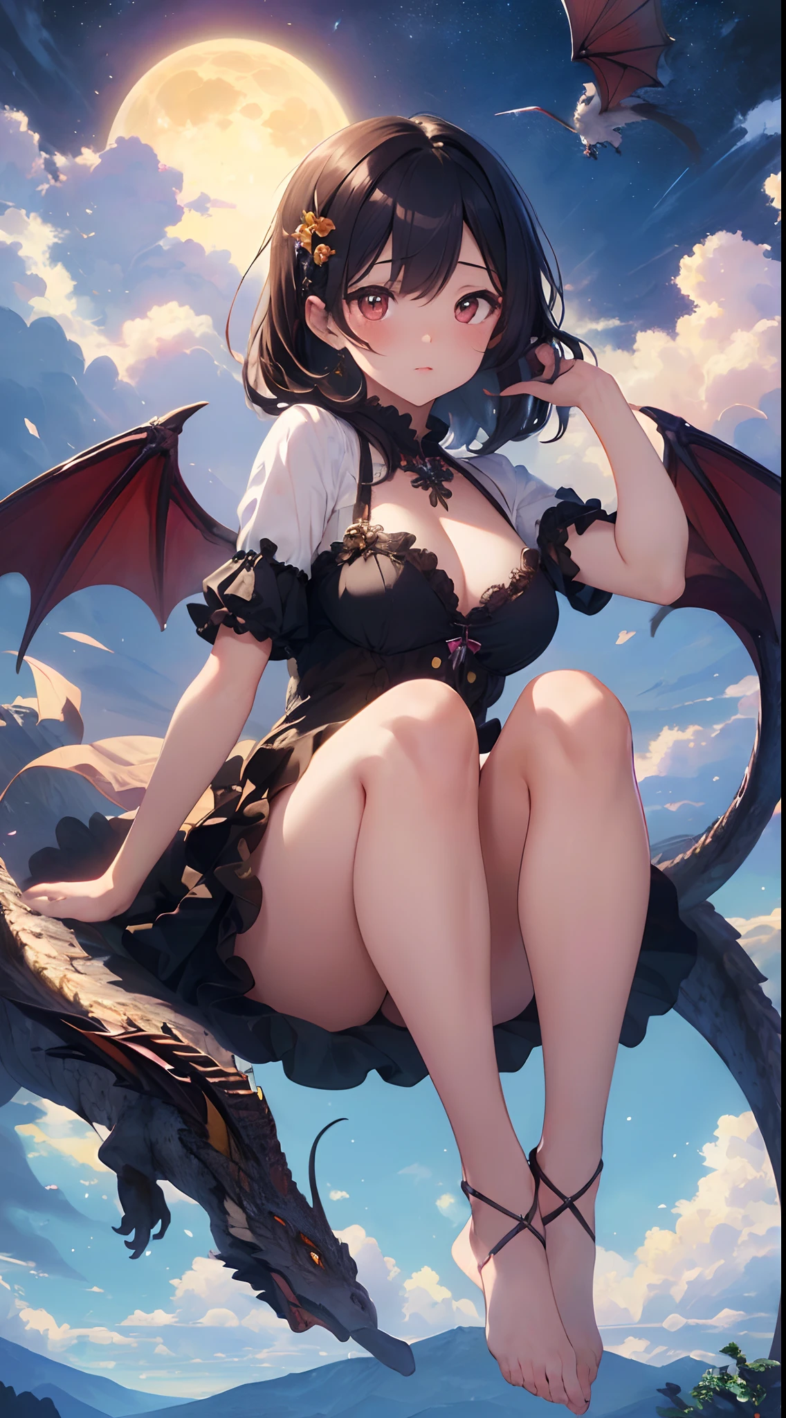 ((Best Quality)), ((Masterpiece)), (Details), Hyperreal, Best Illustration, Very Delicate and Beautiful, Very Elaborate, RAW Photos, Official Art, Beautifully Aesthetic, Seductive Succubus, Ethereal Beauty, Perched on an Orange Blossom Tree, (Fantasy Illustration: 1.3), Seductive Gaze, Seductive Pose, Solo Girl, , 13age, Beautiful Girl, Petite Girl, Loli Big, Delicate wings, otherworldly charm, mysterious sky, (Luis Royo:1.2), (Yoshitaka Am:1.1), moonlit night, soft colors, (detailed cloud view:1.3), (high resolution: 1.2) (flying dragon), miracle moment, fantastic visual depiction, professional effects