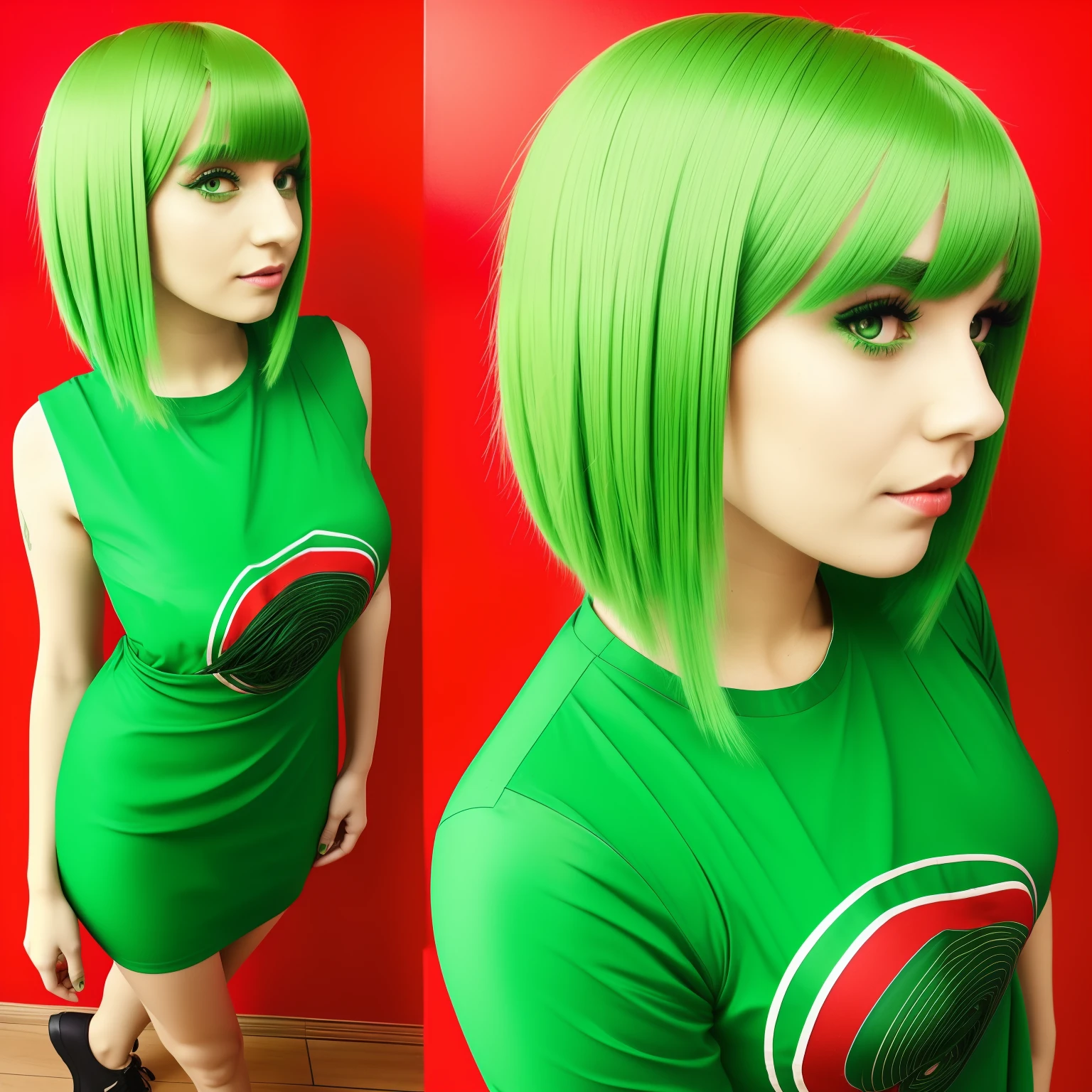 arafed woman with green hair and a red dress standing, full body, green hair, bright green hair, bob cut green hair, bob cut green hair, she has bob cut green hair, fairycore, green glowing hair, she looks like a mix of grimes, red skin and bob cut fiery hair, lily frank