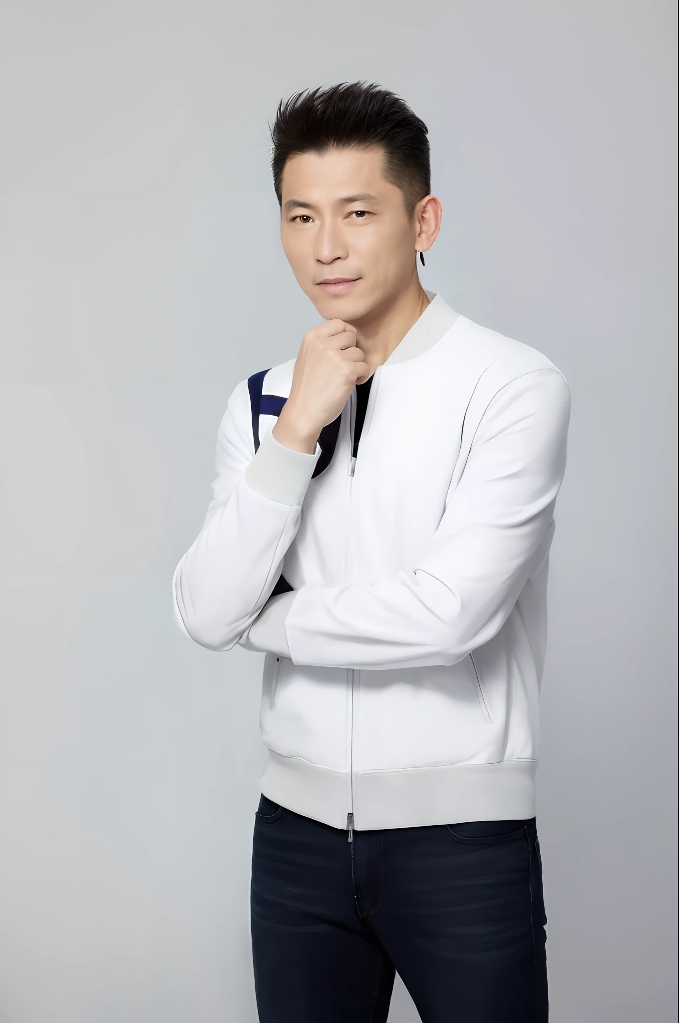 A man in a white jacket and jeans poses for a photo, Andy Lau