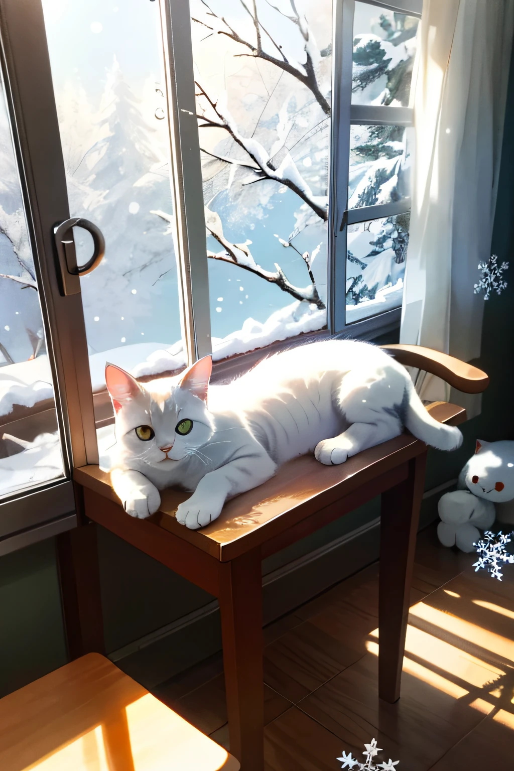 One cute cat,Lie on the table,Soak up the sun,Outside the window is a scene of snowflakes falling
