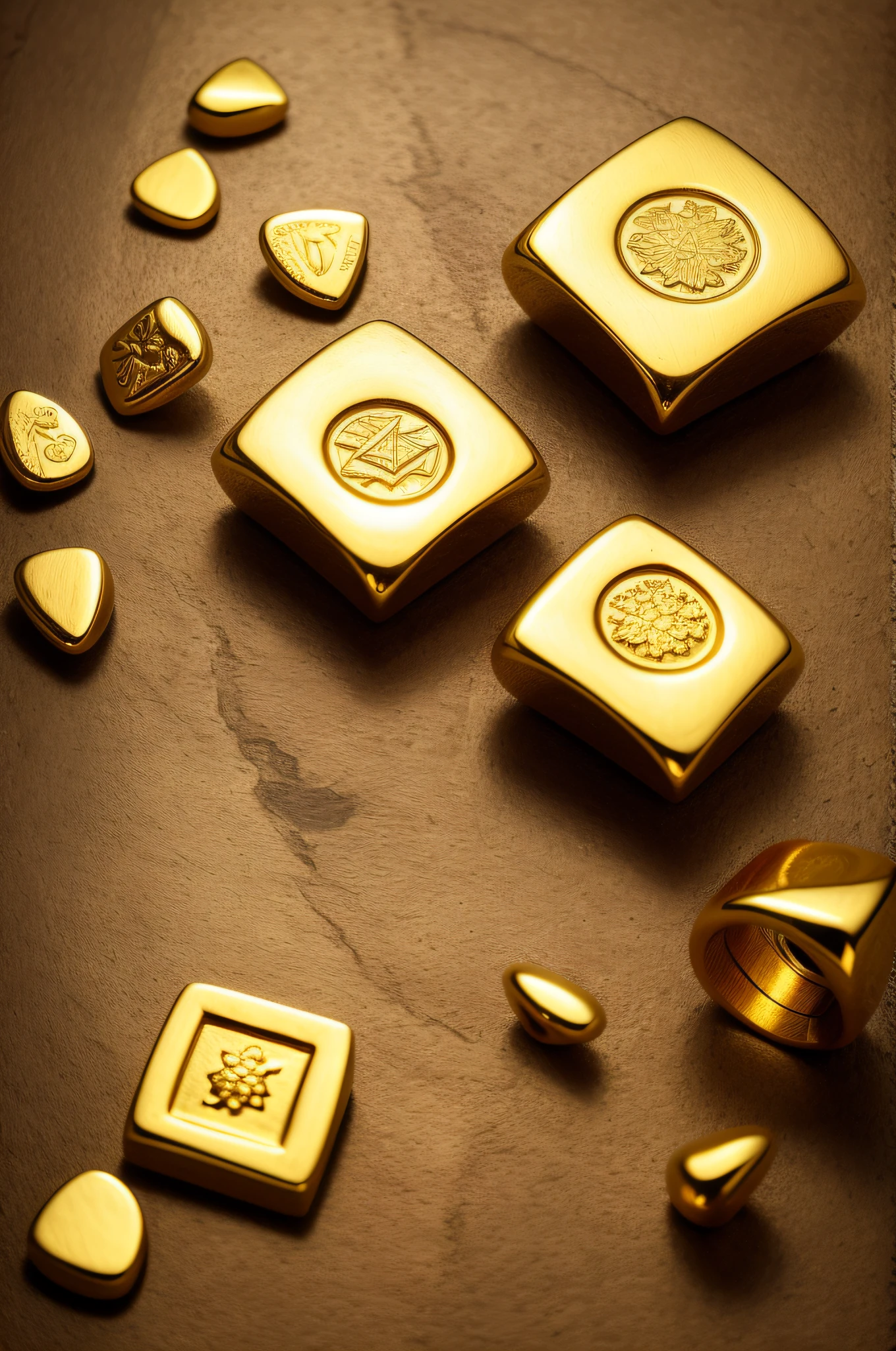 Pepita de ouro, na mesa, forja, anvil, ouro em estado puro, pedras de ouro, realista, fotorrealismo, medieval. Artisan working with the gold stones.