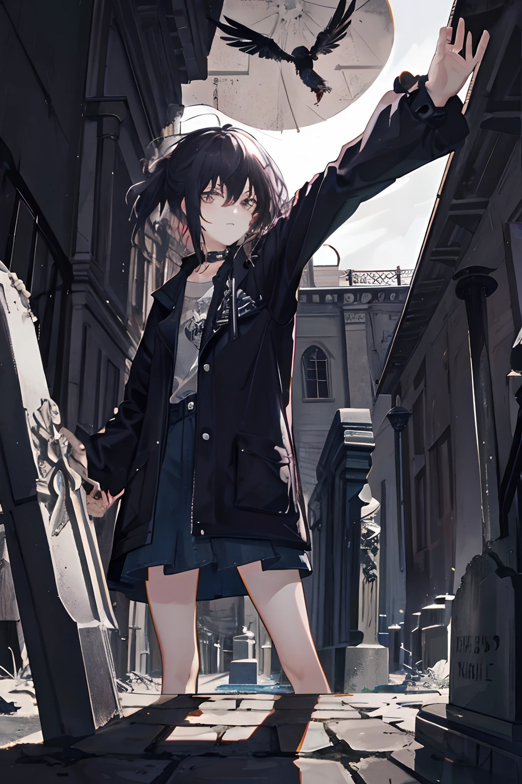 tmasterpiece,Best quality at best,1girl,extreme light,messy hair,The crow stands on the tombstone