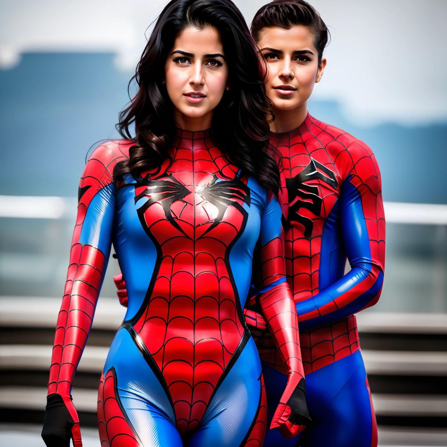Katrina Kaif hot beautiful sexy photo in fit wet Spiderman suit oiled , hd , beautiful, public place in background,