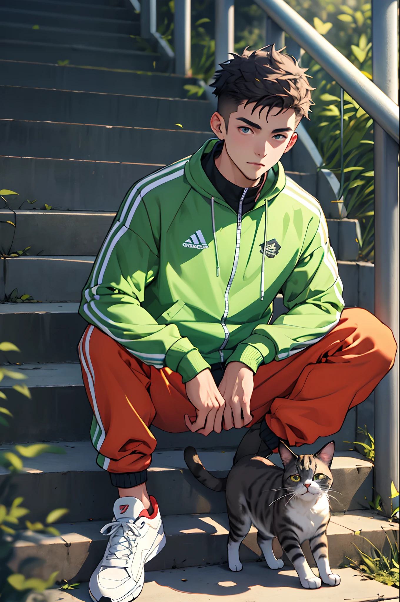 Libido boy,college aged,track suit,sit on stairs,There is some depth in the eyes,There is a cat next to it