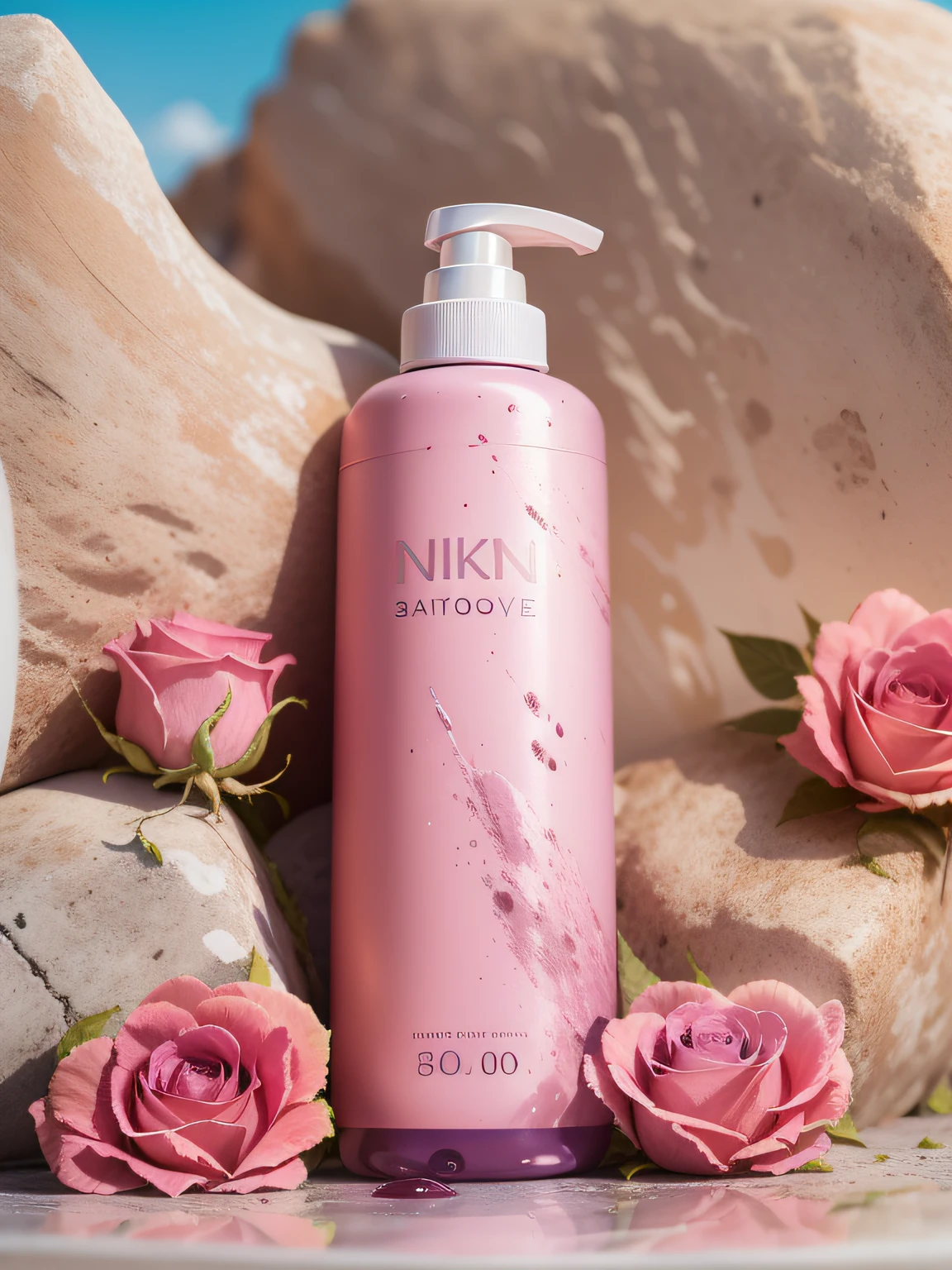 Body wash product Photography, Pink bottle, on stone, Natural light, blue sky, rose, Nikon Camera,8k 50 --s 2
