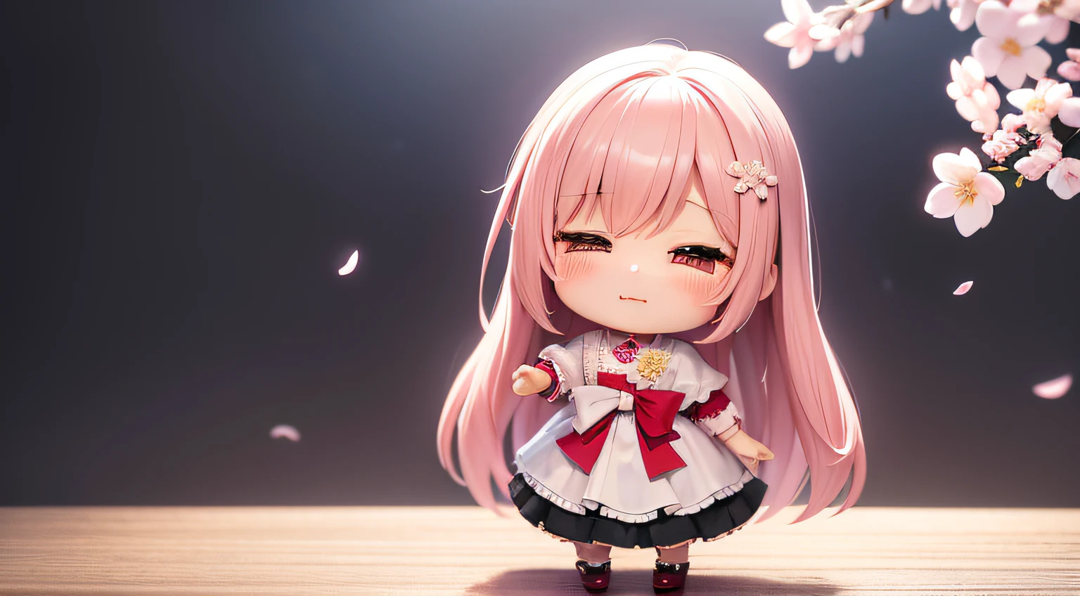 Doll standing in front of the painting、bionde、Crying face、Wiping tears、Close your right eye、Sengai、pixiv、rokoko、dollfie dream、watercolor Nendoroid、(High Definition Figure)、flowing sakura-colored silk、nendroid、highly_Detailed!!,Cherry blossom petals、Flowing cherry blossom silk、I'm crying with joy！、season!!: 🌸 ☀ 🍂 ❄