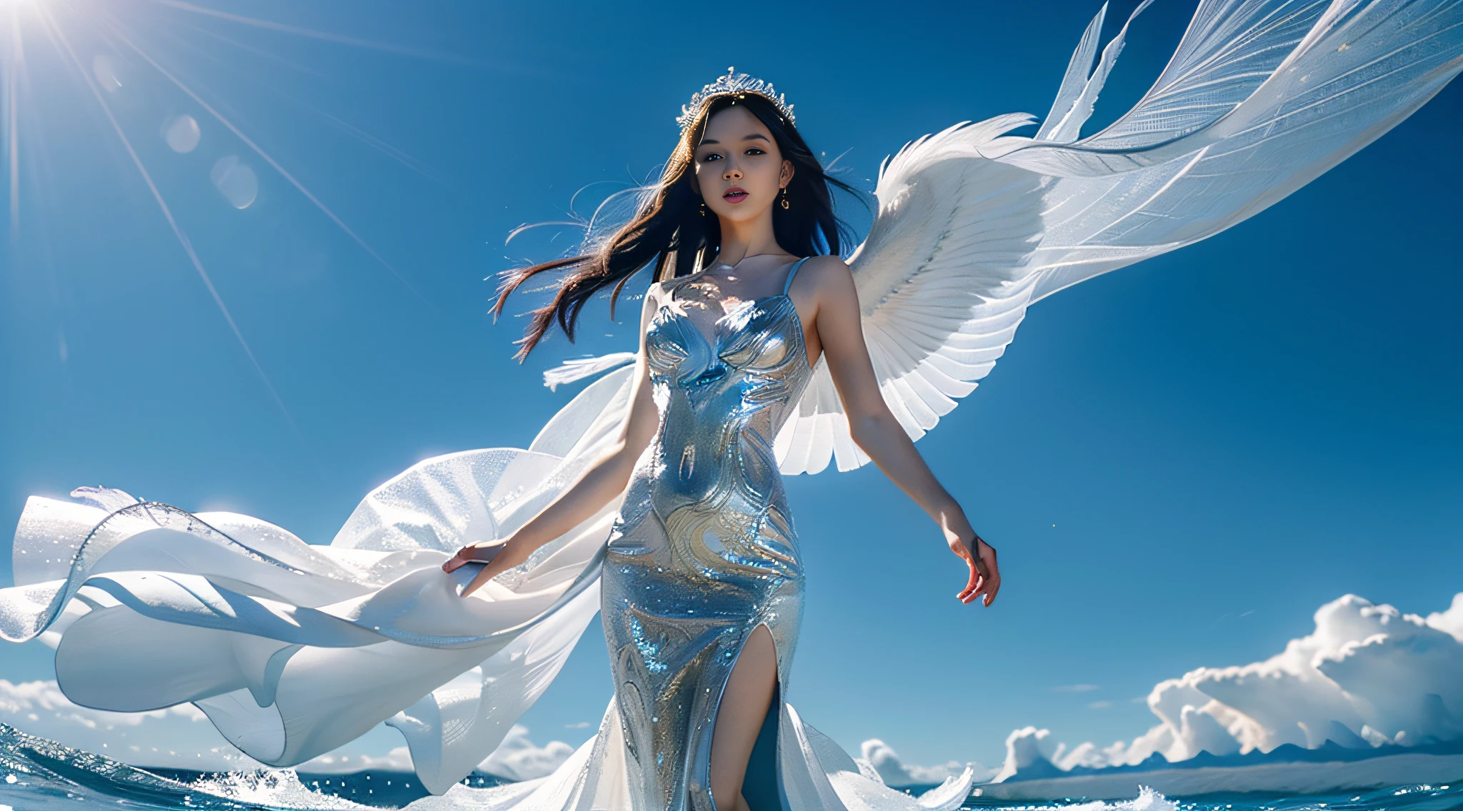 She has a delicate female face, blue eyes as deep as the ocean, full of grand and profound wisdom. The upper part of her body is in human form, while the lower part is a huge fish tail, and the color of her skin appears as blue as the sea. The tail of the fish is delicate and smooth, with a texture of fish scales, shining with a dazzling luster. Behind her grows a pair of broad wings, with feathers as white as snow, each piece shining with a gem like luster. When she unfolded her wings, it seemed as if white clouds were covering the entire sky. The vibration of her wings could stir up waves and cause changes in the wind and clouds