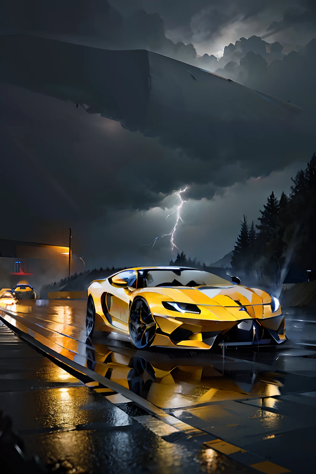 Alafeld yellow sports car driving on wet roads under lightning, cinematic front lightning, yellow lightning, vehicle photography, automotive photography, automotive photography, cinematic lightning and colors, auto photography, Cinematic glitter, with lightning, Movie Lightning - H 7 6 8, Lamborghini, Lining Storm, Contrast lightning, Cinematic lightning, A thunderstorm hits a car, epic lightning