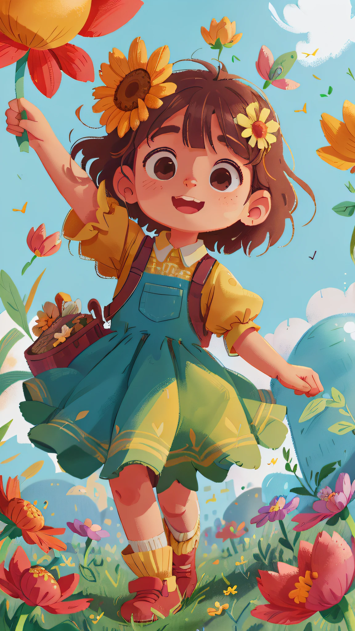 A girl holding flowers, colorful balloons floating in the sky, meadow, dancing, holding flowers, happy, happy, perfect quality, clear focus (clutter-home: 0.8), (masterpiece: 1.2) (Realistic: 1.2) (Bokeh) (Best quality) (Detailed skin: 1.3) (Intricate details) (8K) (Detail Eyes) (Sharp Focus), (Happy)